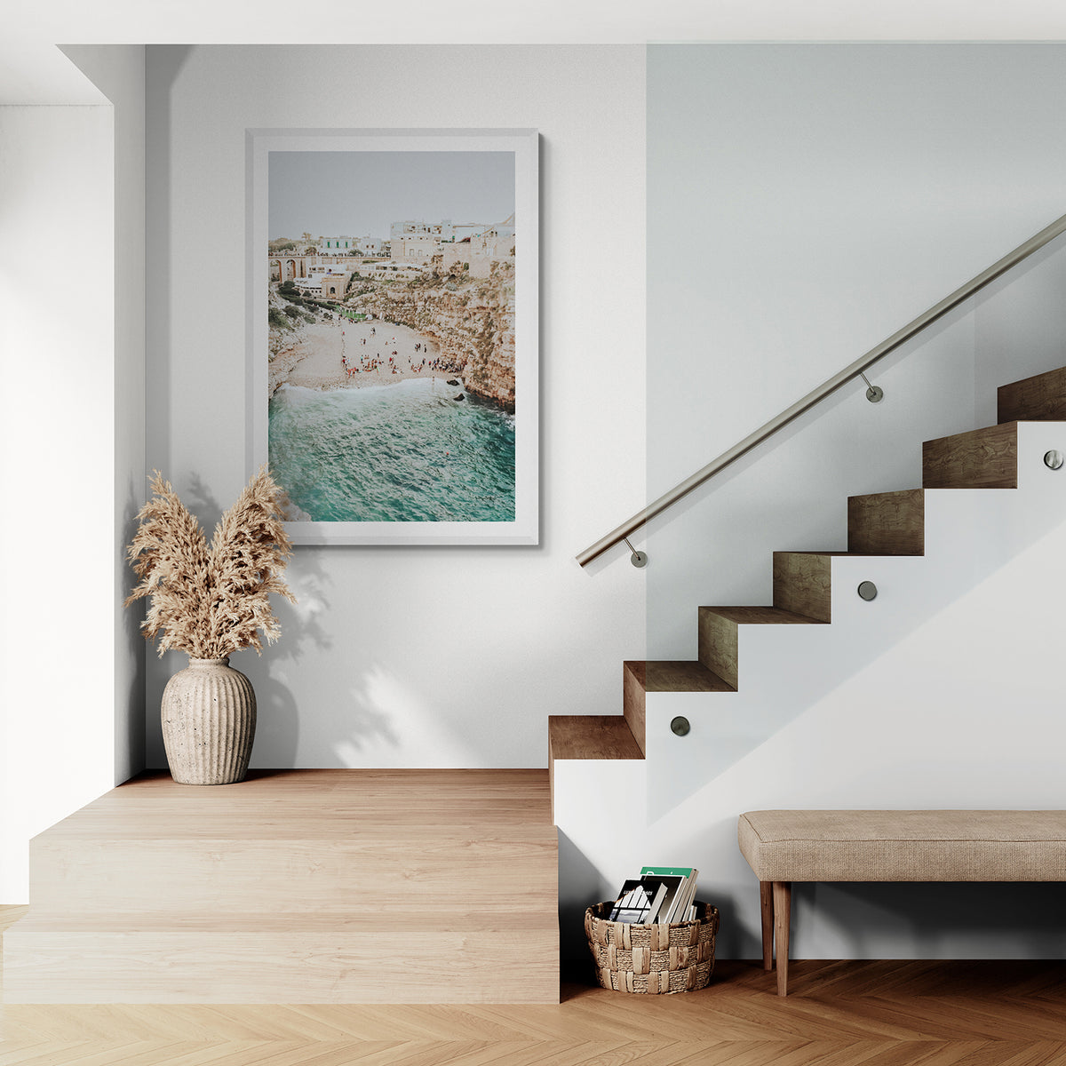 Polignano Vista Puglia coastal Italian beach fine art print white framed print styled in a room