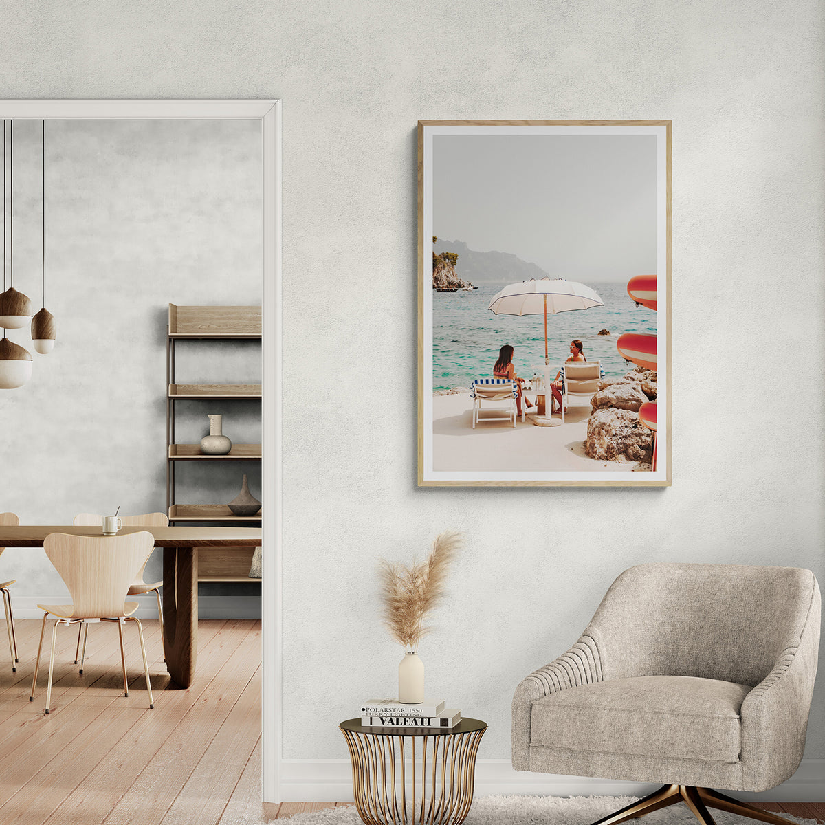 Salty Banter Amalfi Coast Mediterranean wall art natural oak framed print styled in a room