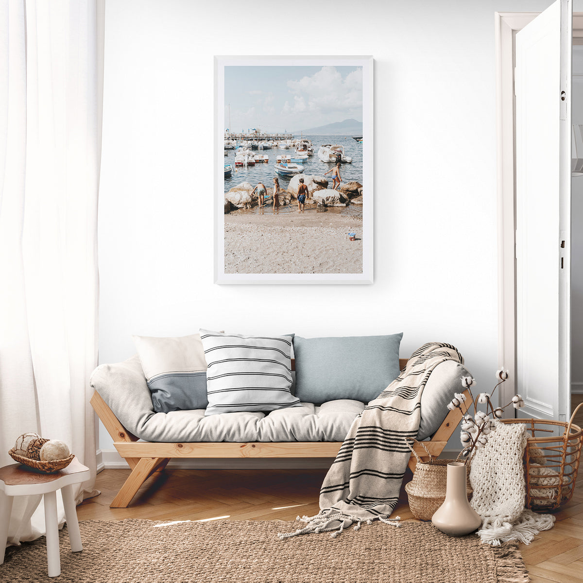 Searching For Treasures Sorrento coastal wall art white framed print styled in a room