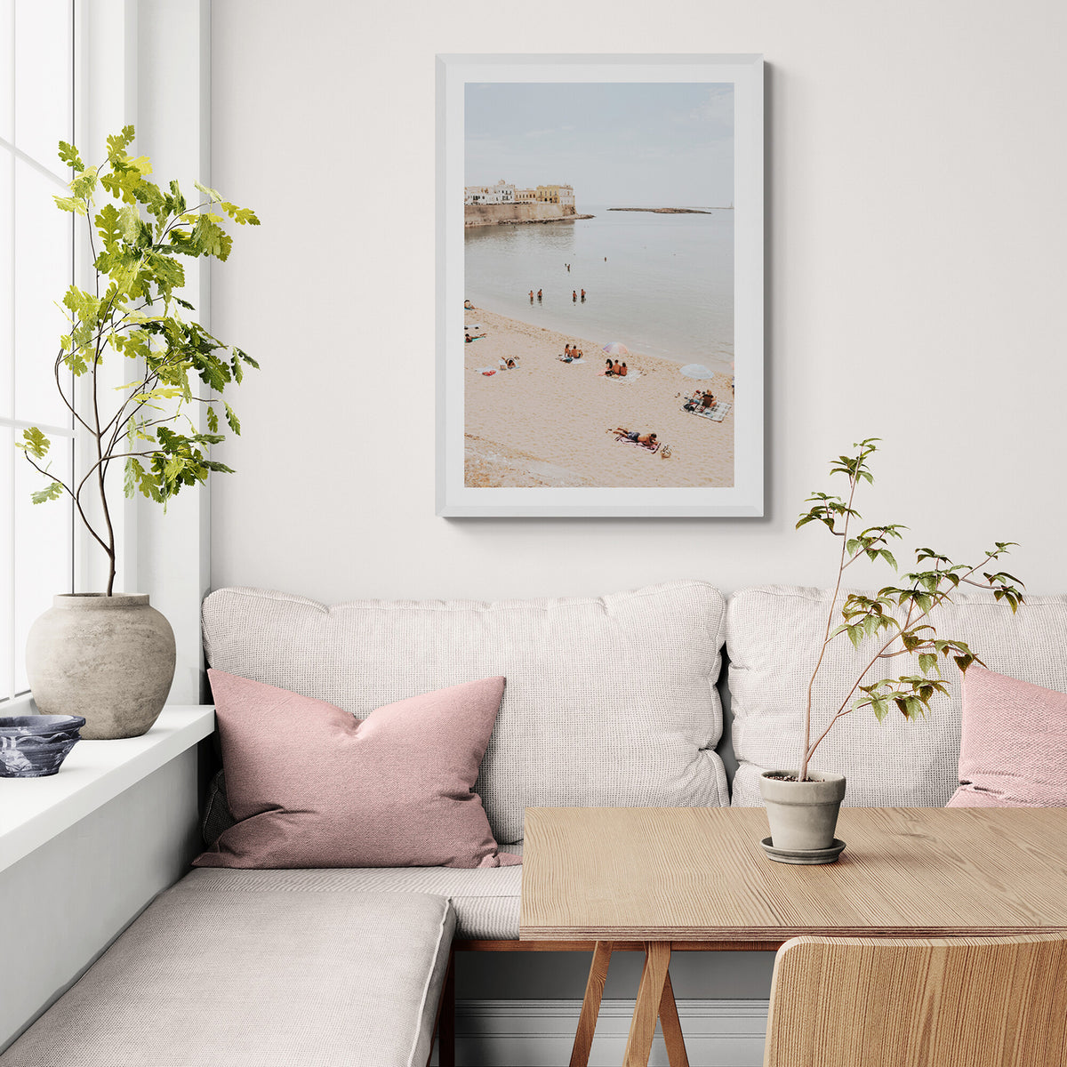 Spiaggia della Purita Puglia coastal art print white framed print styled in a room