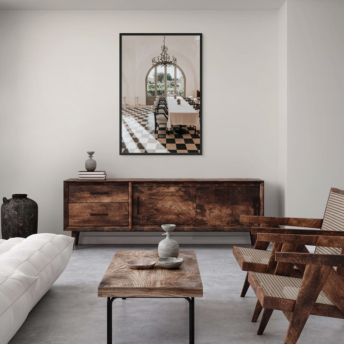 Sunbeam Feast Puglia Wall Italian fine art print black framed print styled in a room