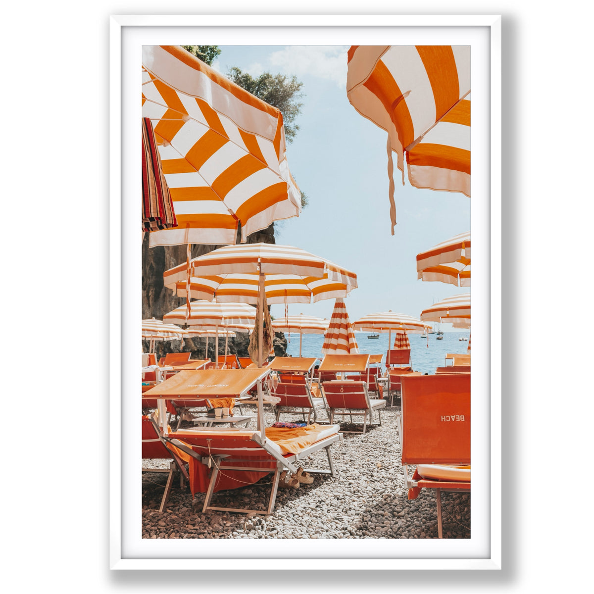 Aperol Summer Positano, orange striped parasols and loungers on a Positano pebble beach, main fine art print image