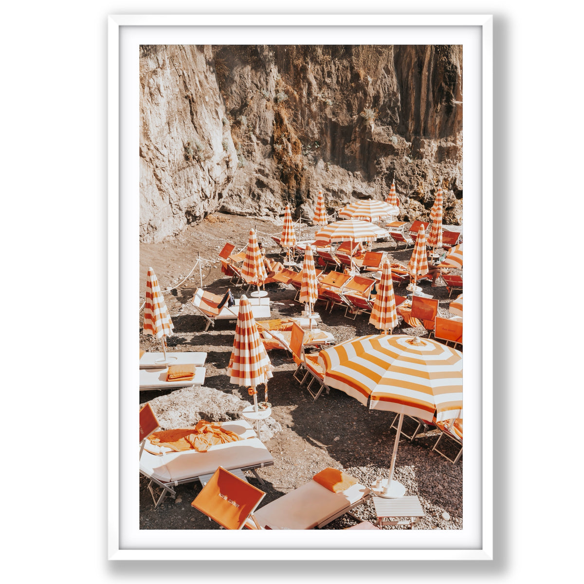Cliffside Spritz Positano, striped beach club umbrellas beneath a towering Positano cliff, main fine art print image