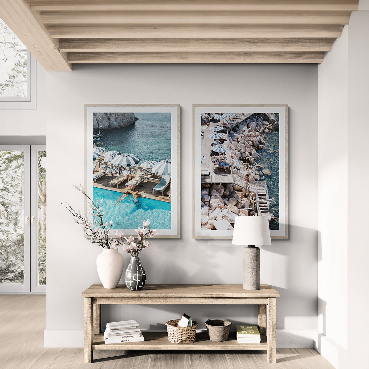 Two Amichi Co artworks styled together above a floating desk