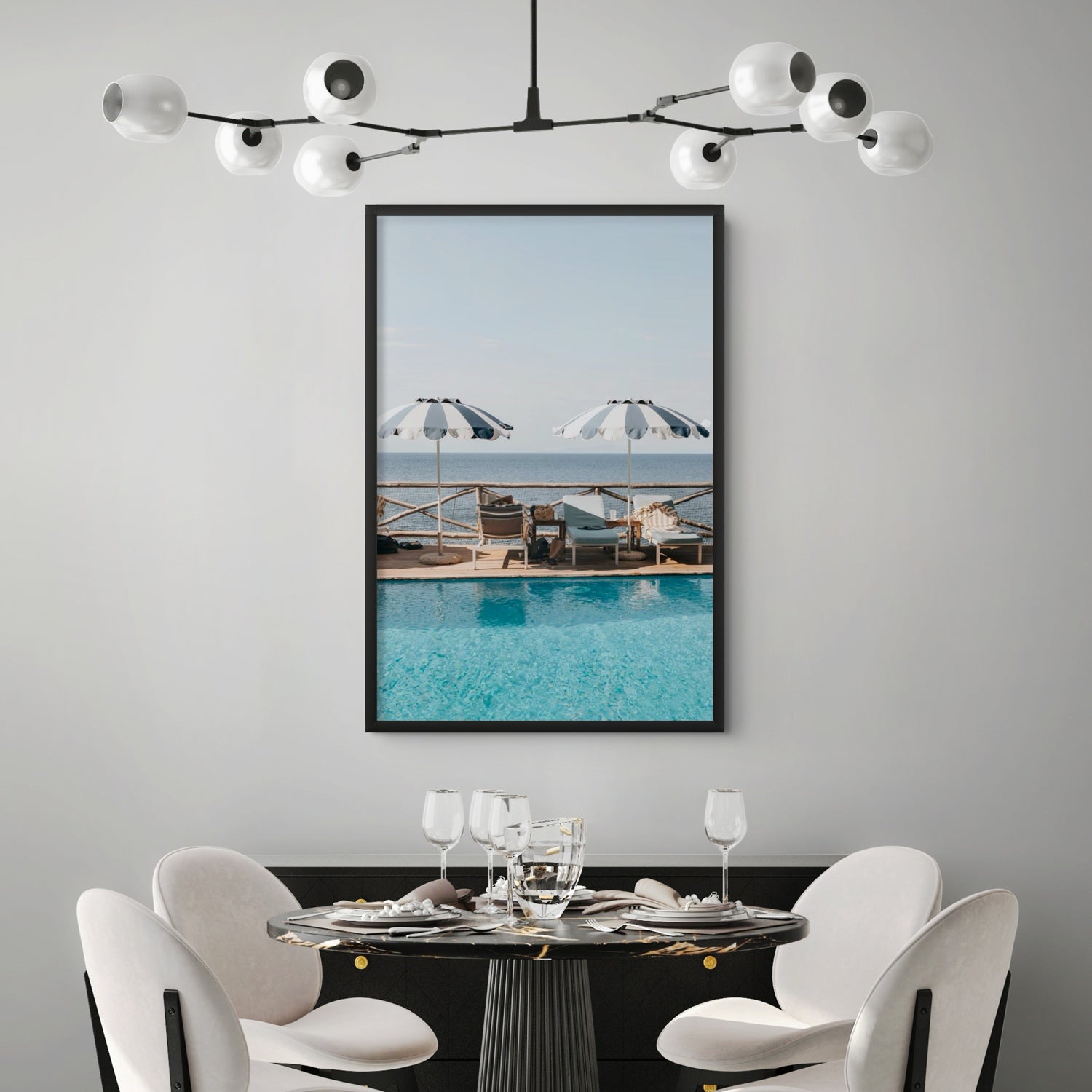 Lifestyle image of Beach Retreat fine art print, Ischia, Italy, european beach clubs artwork, 01 beach retreat black full bleed