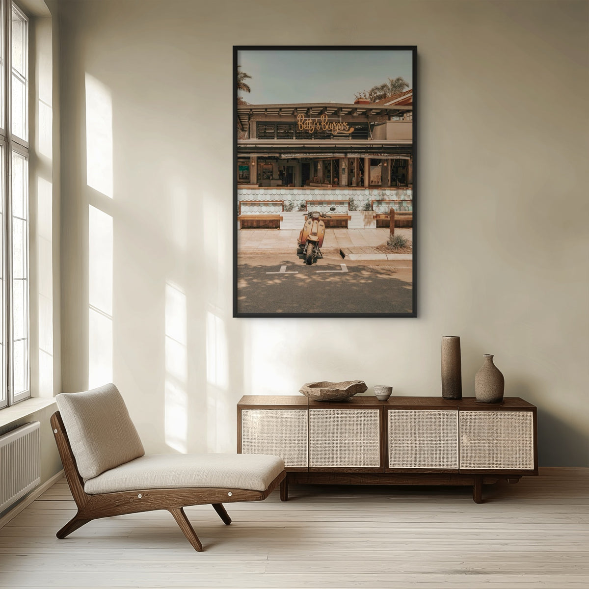 Lifestyle image of Noosa Nostalgia fine art print, Noosa, Australia, coastal scenes artwork, 01 noosa nostalgia a black full bleed styled in a room
