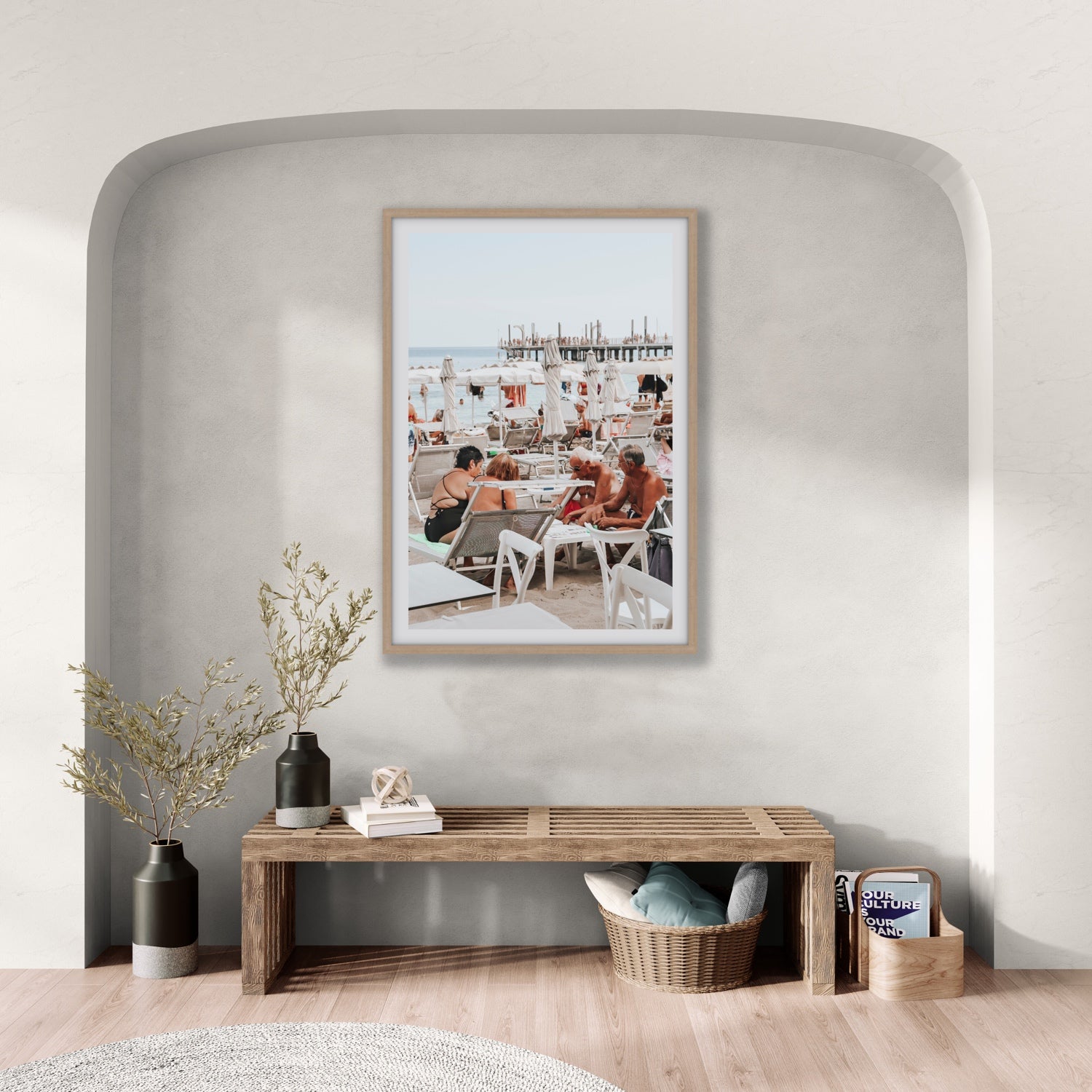 Lifestyle image of Salted Shuffle fine art print, Alassio, Italy, people and locals artwork, 01 salted shuffle canvy natural frame rooms