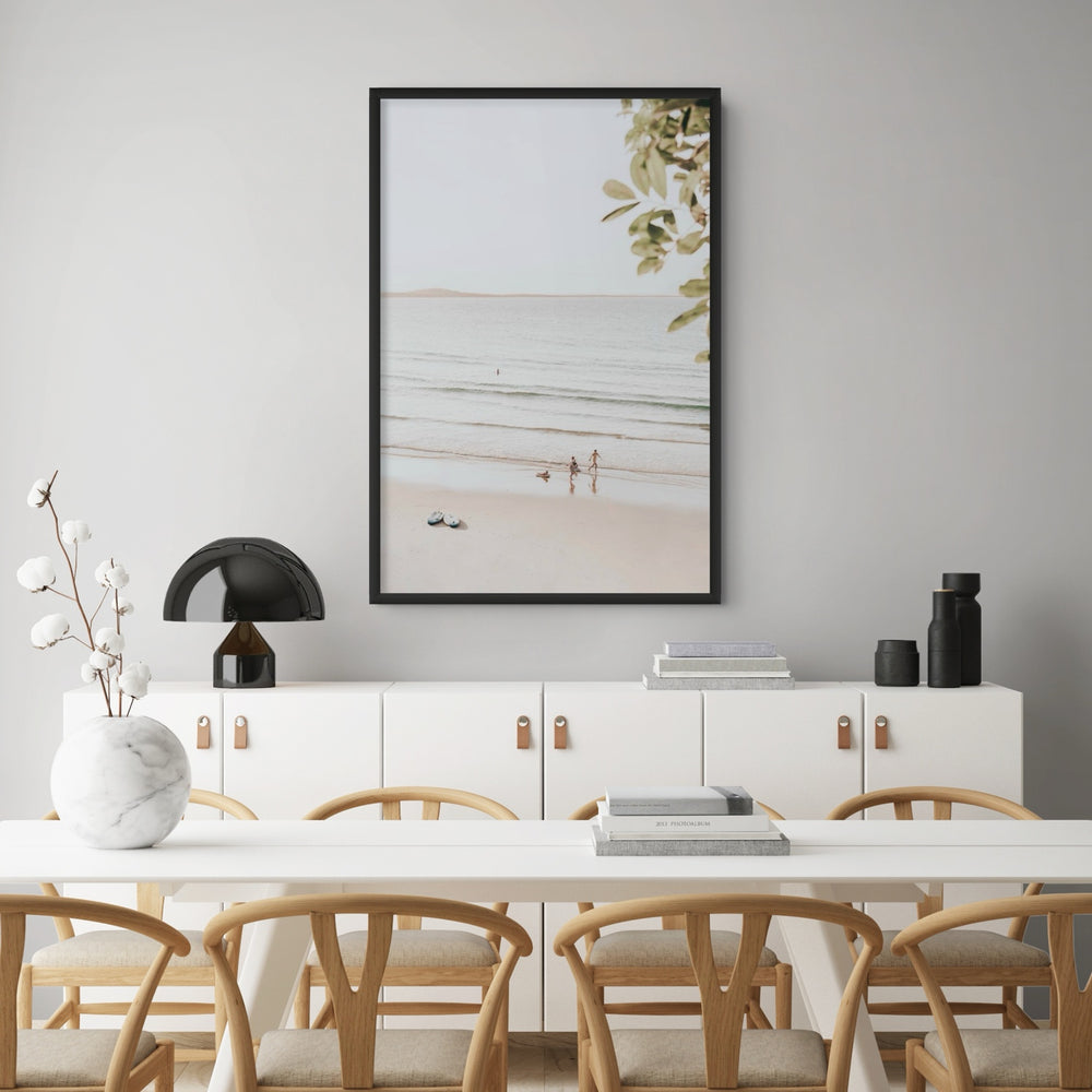 Lifestyle image of Walking On Sunshine fine art print, Noosa, Australia, coastal scenes artwork, 01 walking on sunshine a black full bleed 2 styled in a room
