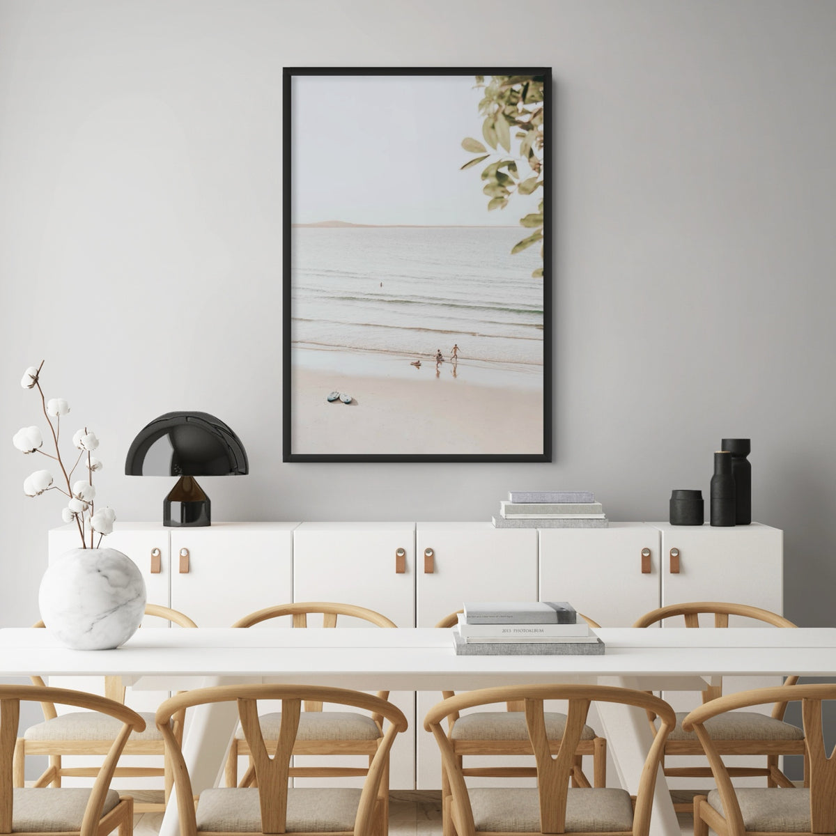 Lifestyle image of Walking On Sunshine fine art print, Noosa, Australia, coastal scenes artwork, 01 walking on sunshine a black full bleed 2 styled in a room
