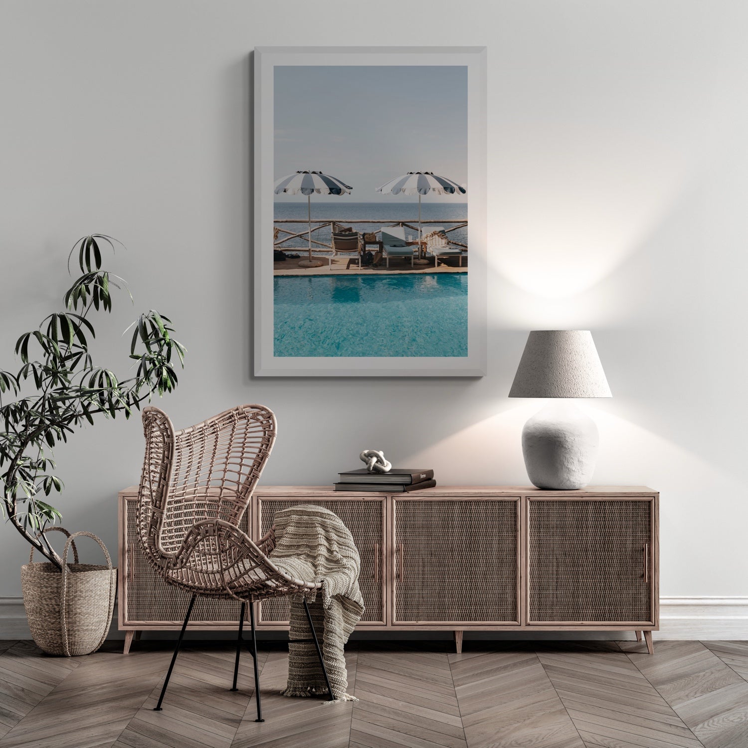 Lifestyle image of Beach Retreat fine art print, Ischia, Italy, european beach clubs artwork, 02 beach retreat c white frame 2