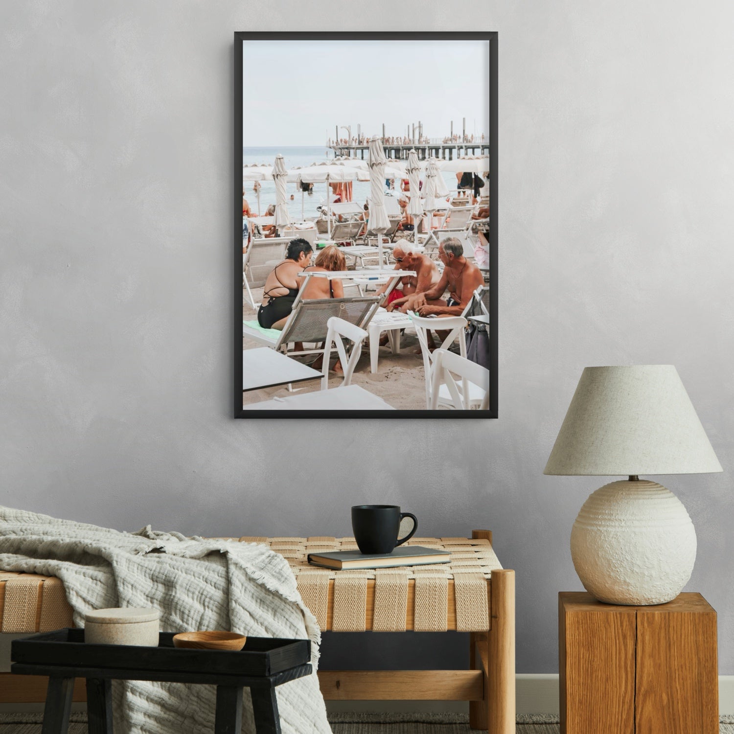 Lifestyle image of Salted Shuffle fine art print, Alassio, Italy, people and locals artwork, 02 salted shuffle a black full bleedl