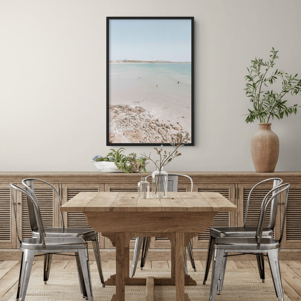 Lifestyle image of Sweet Serotonin fine art print, Noosa, Australia, coastal scenes artwork, 02 sweet serotonin black full bleed styled in a room