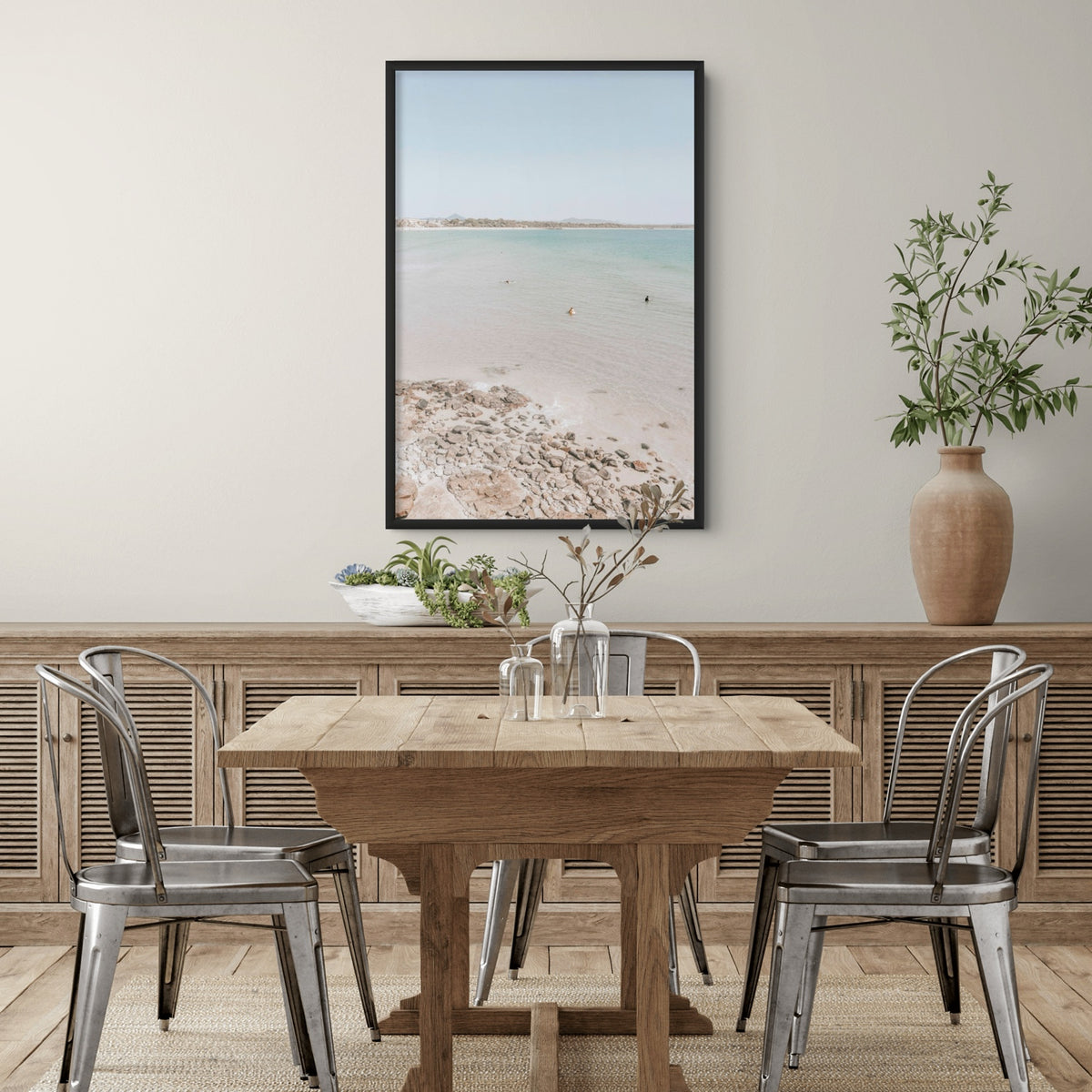 Lifestyle image of Sweet Serotonin fine art print, Noosa, Australia, coastal scenes artwork, 02 sweet serotonin black full bleed styled in a room