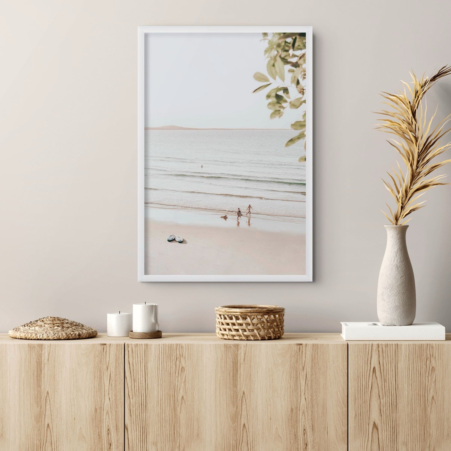 Lifestyle image of Walking On Sunshine fine art print, Noosa, Australia, coastal scenes artwork, 02 walking on sunshine a white full bleed 2