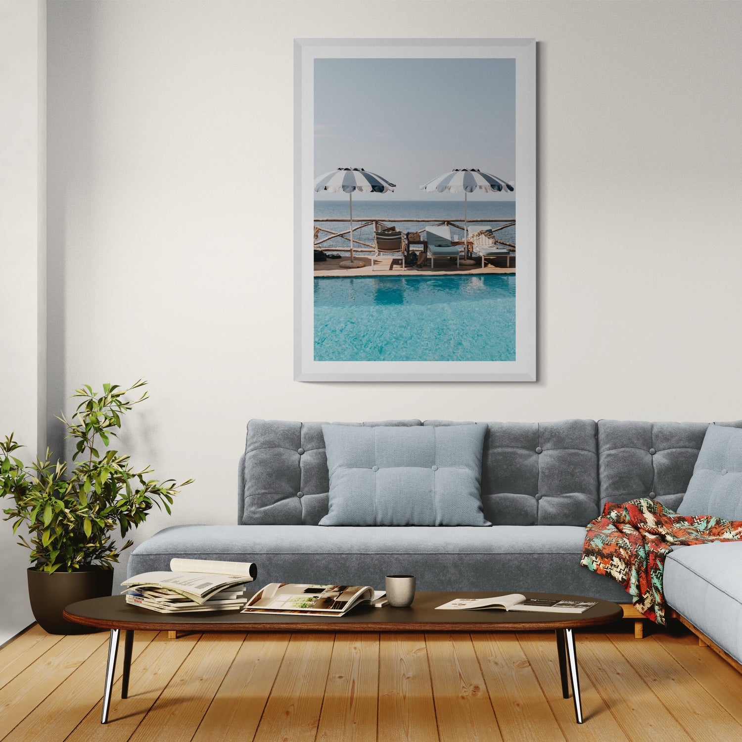 Lifestyle image of Beach Retreat fine art print, Ischia, Italy, european beach clubs artwork, 03 beach retreat c white frame