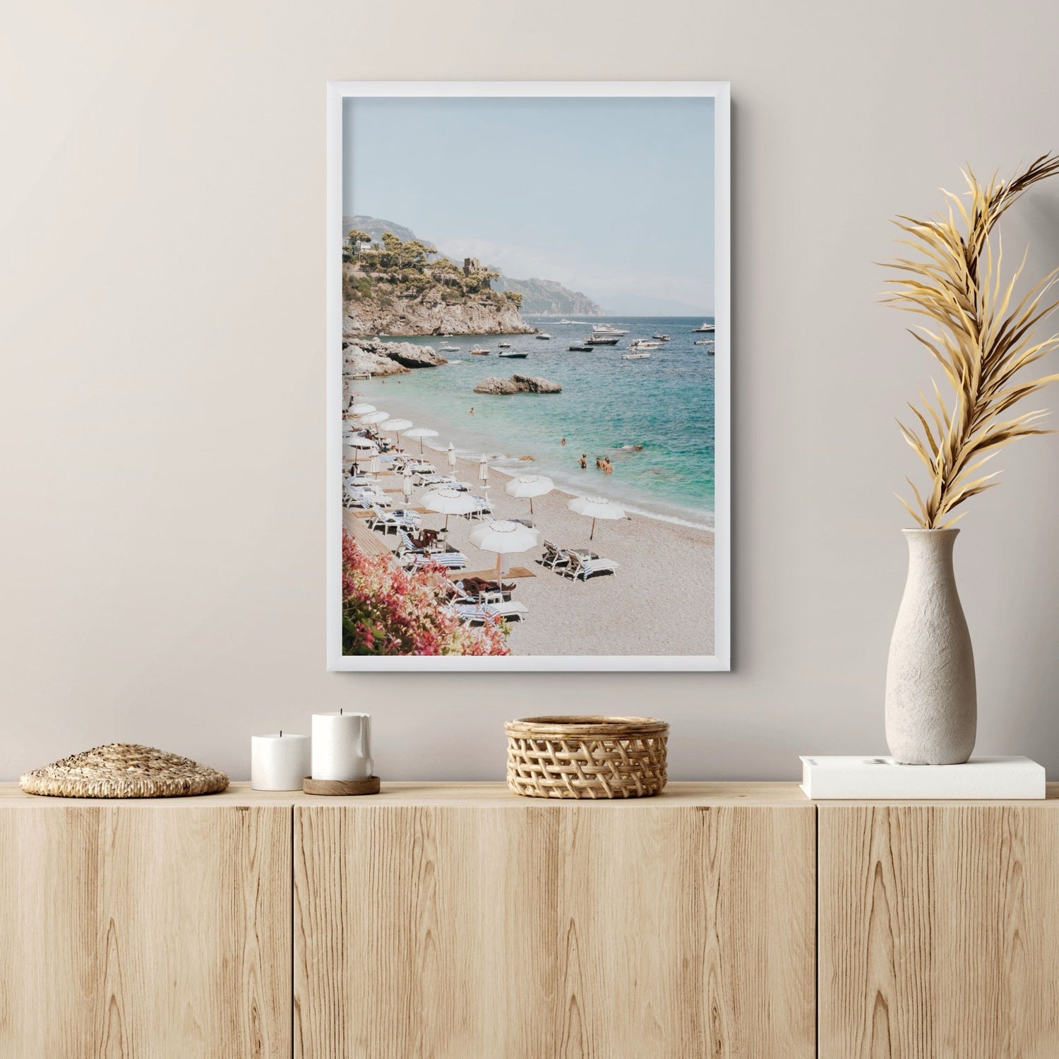 Seaview Refuge Amalfi coastal wall art framed print styled in a room view 3