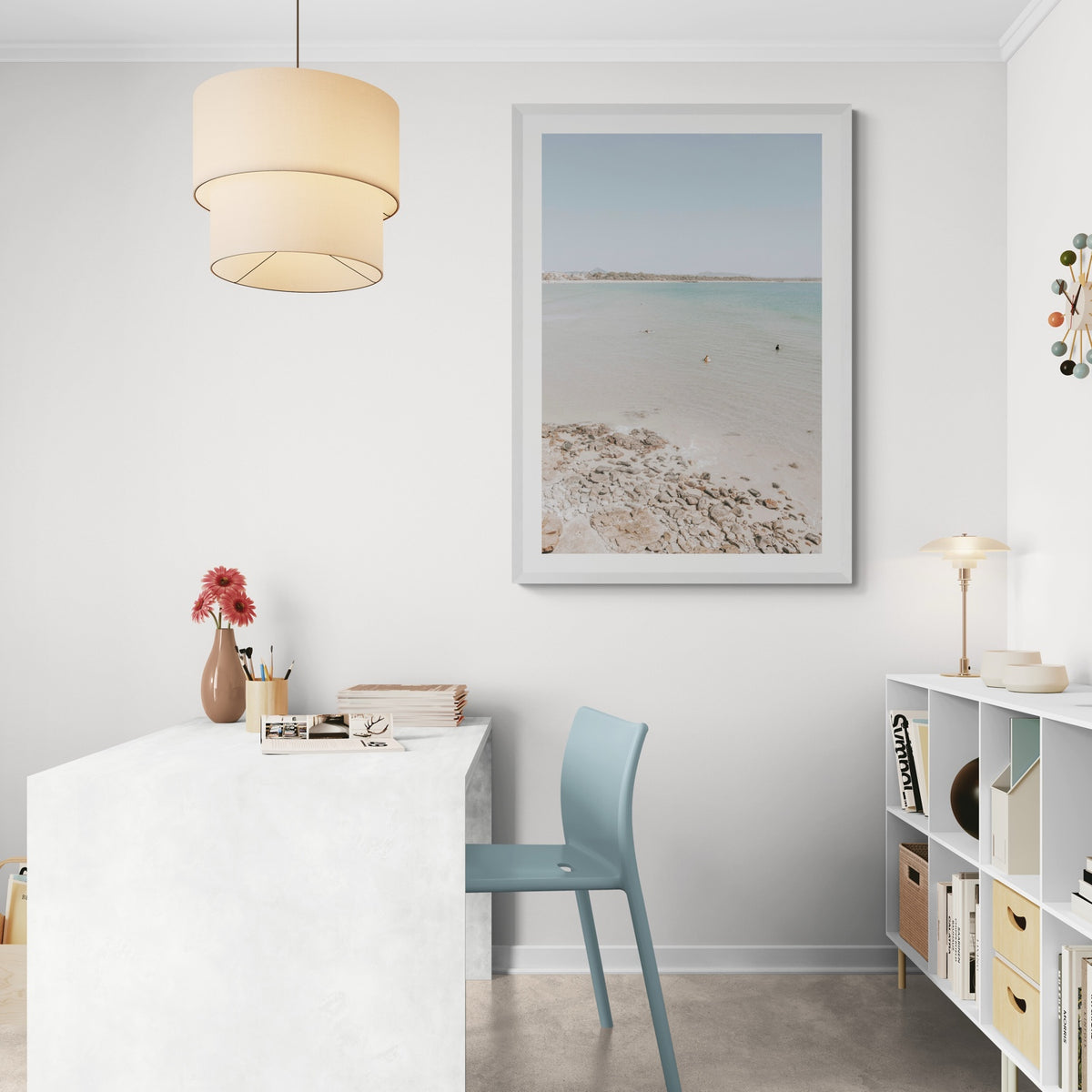 Lifestyle image of Sweet Serotonin fine art print, Noosa, Australia, coastal scenes artwork, 03 sweet serotonin c white frame styled in a room