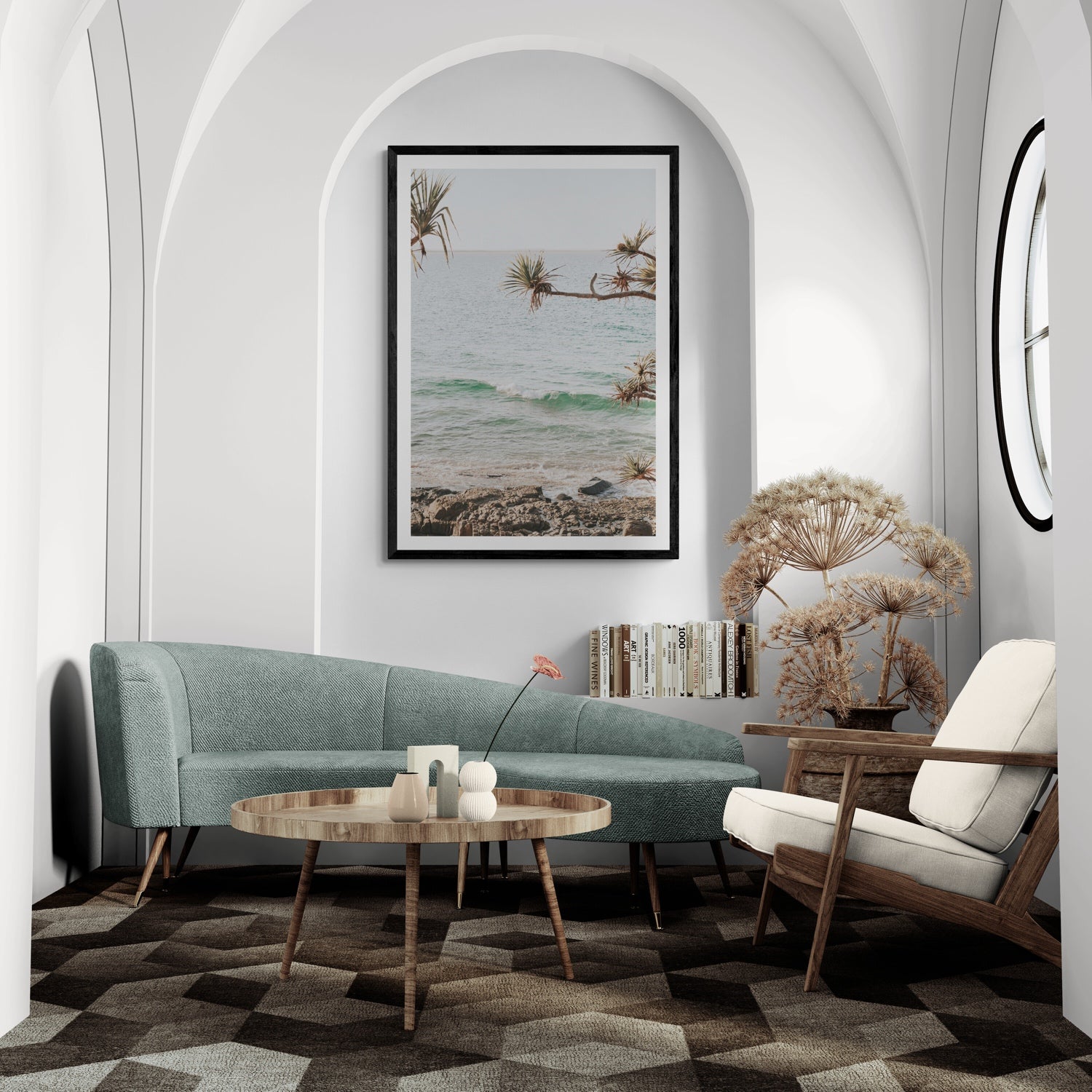 Lifestyle image of Good Vibrations fine art print, Noosa, Australia, coastal scenes artwork, 04 good vibrations c black frame