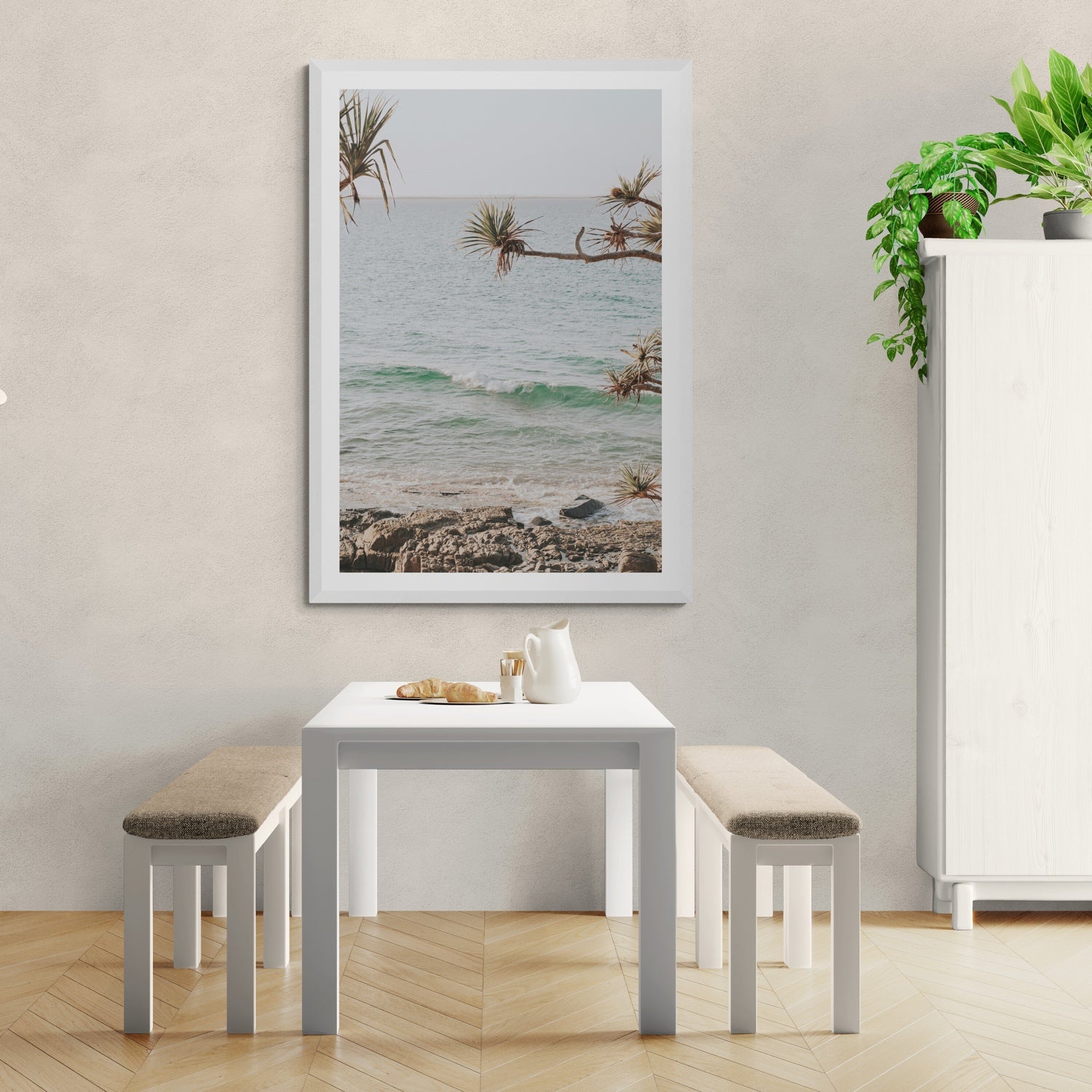 Lifestyle image of Good Vibrations fine art print, Noosa, Australia, coastal scenes artwork, 05 good vibrations c white frame