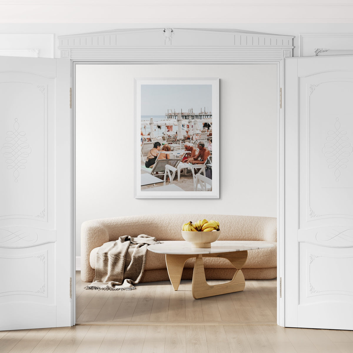 Lifestyle image of Salted Shuffle fine art print, Alassio, Italy, people and locals artwork, 05 salted shufflr c white frame 2 styled in a room