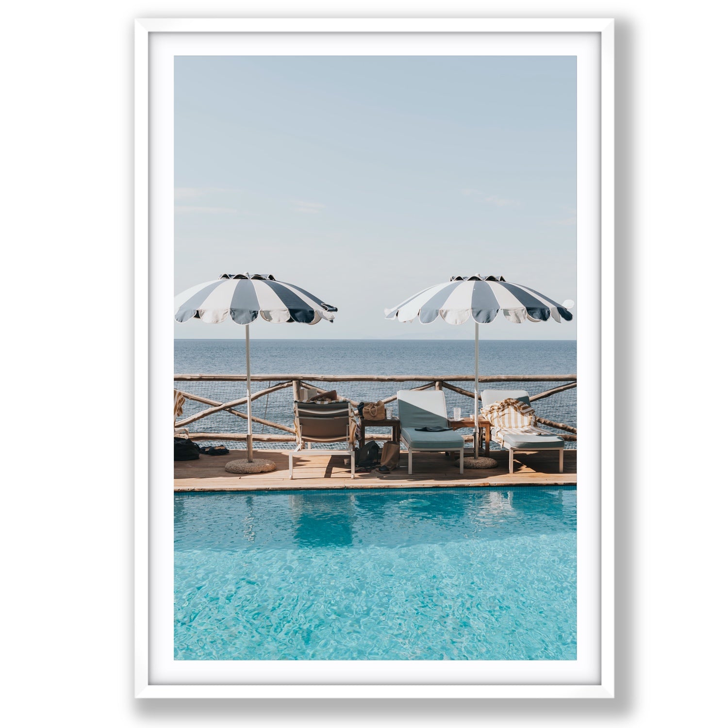 Product mockup of Beach Retreat fine art print, Ischia, Italy, european beach clubs artwork
