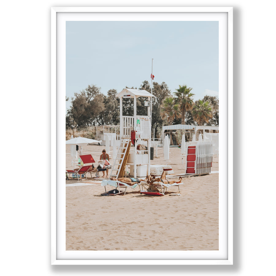 Red Lounge Reverie Puglia beach coastal wall art main fine art print image