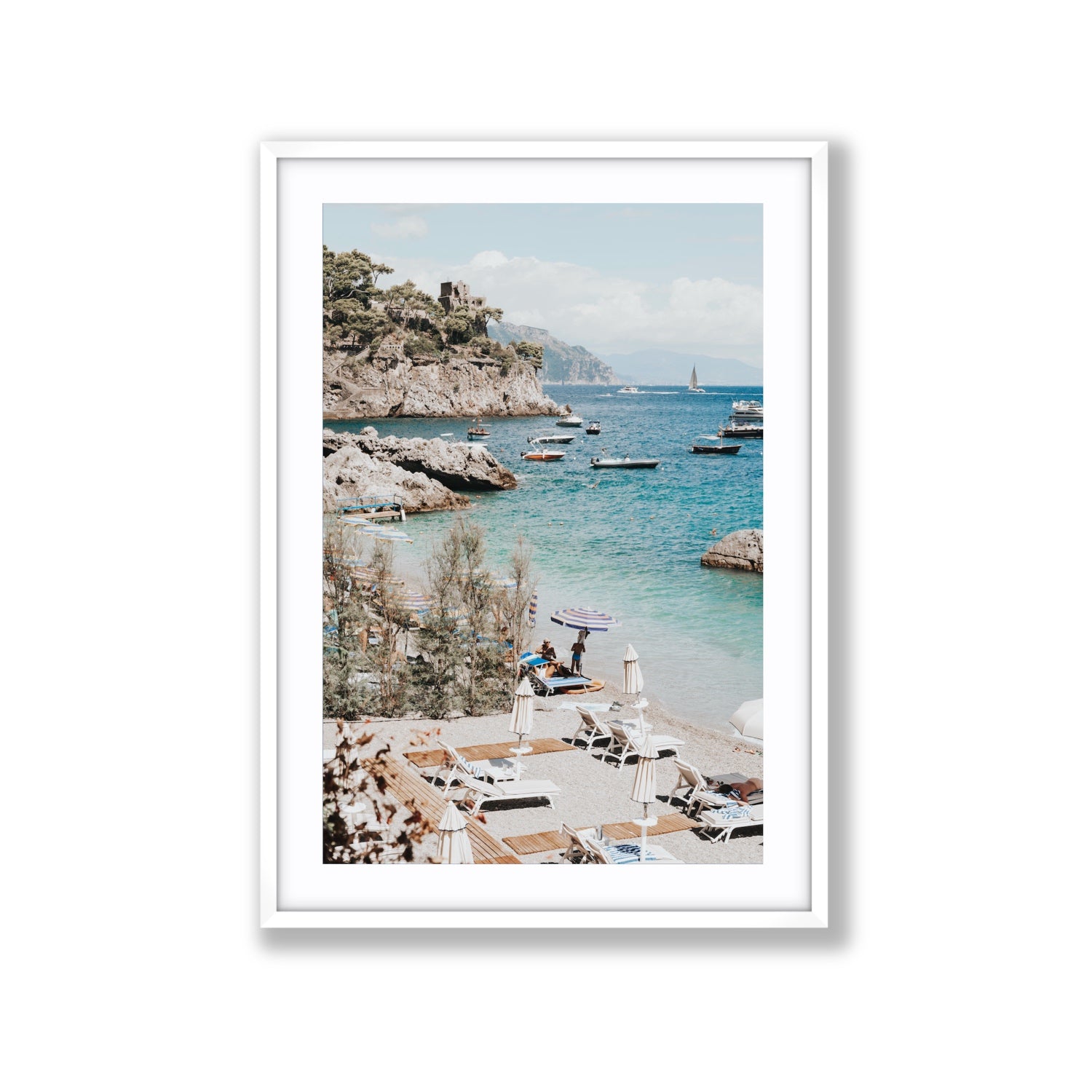 Sizzling Summer Days Amalfi coastal wall art Extra Large fine art print in white frame with matboard