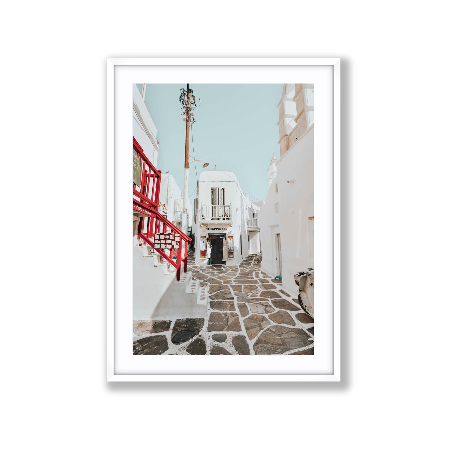 Happiness Mykonos Greek island wall art Extra Large fine art print in white frame with matboard