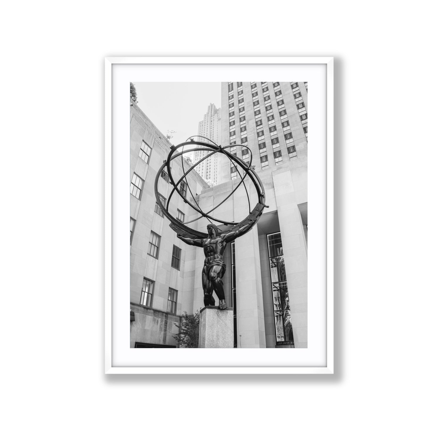 Atlas Ascends New York NYC Black & White wall art Extra Large fine art print in white frame with matboard