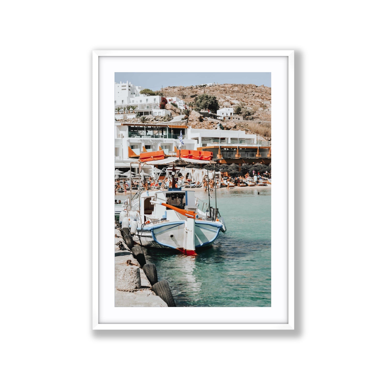 Travel In Style Mykonos Greek island wall art Extra Large fine art print in white frame with matboard