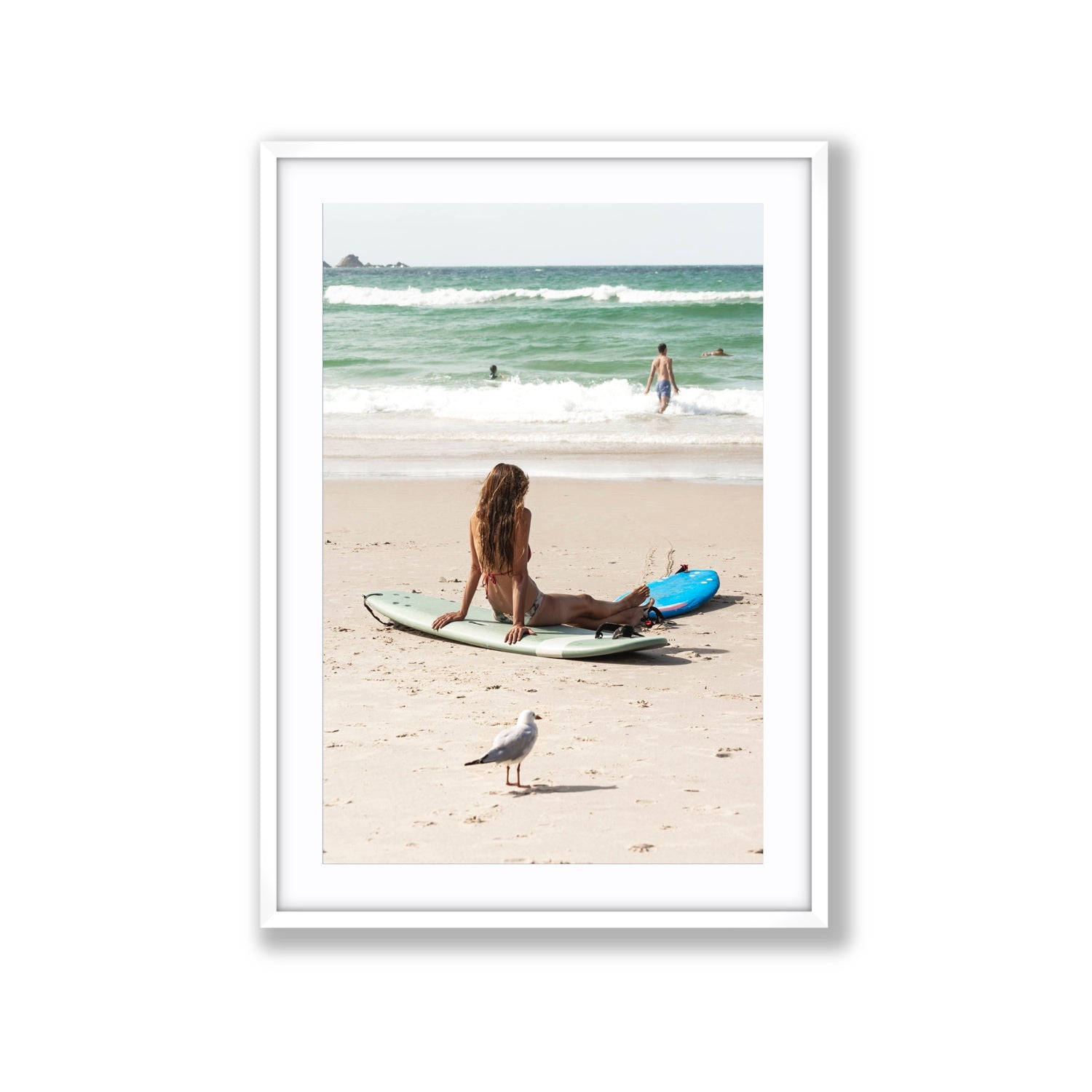 Carissa Byron Bay Surf coastal wall art Extra Large fine art print in white frame with matboard