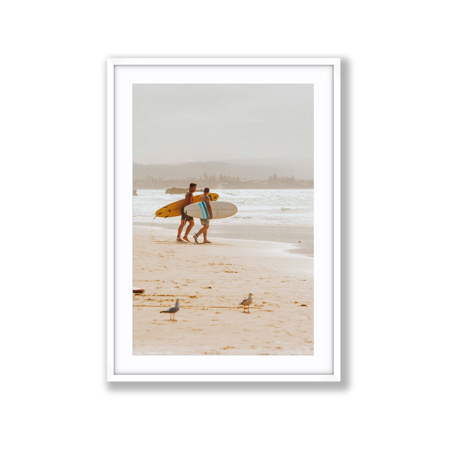 Shane & Benji Byron Bay Surf coastal wall art Extra Large fine art print in white frame with matboard