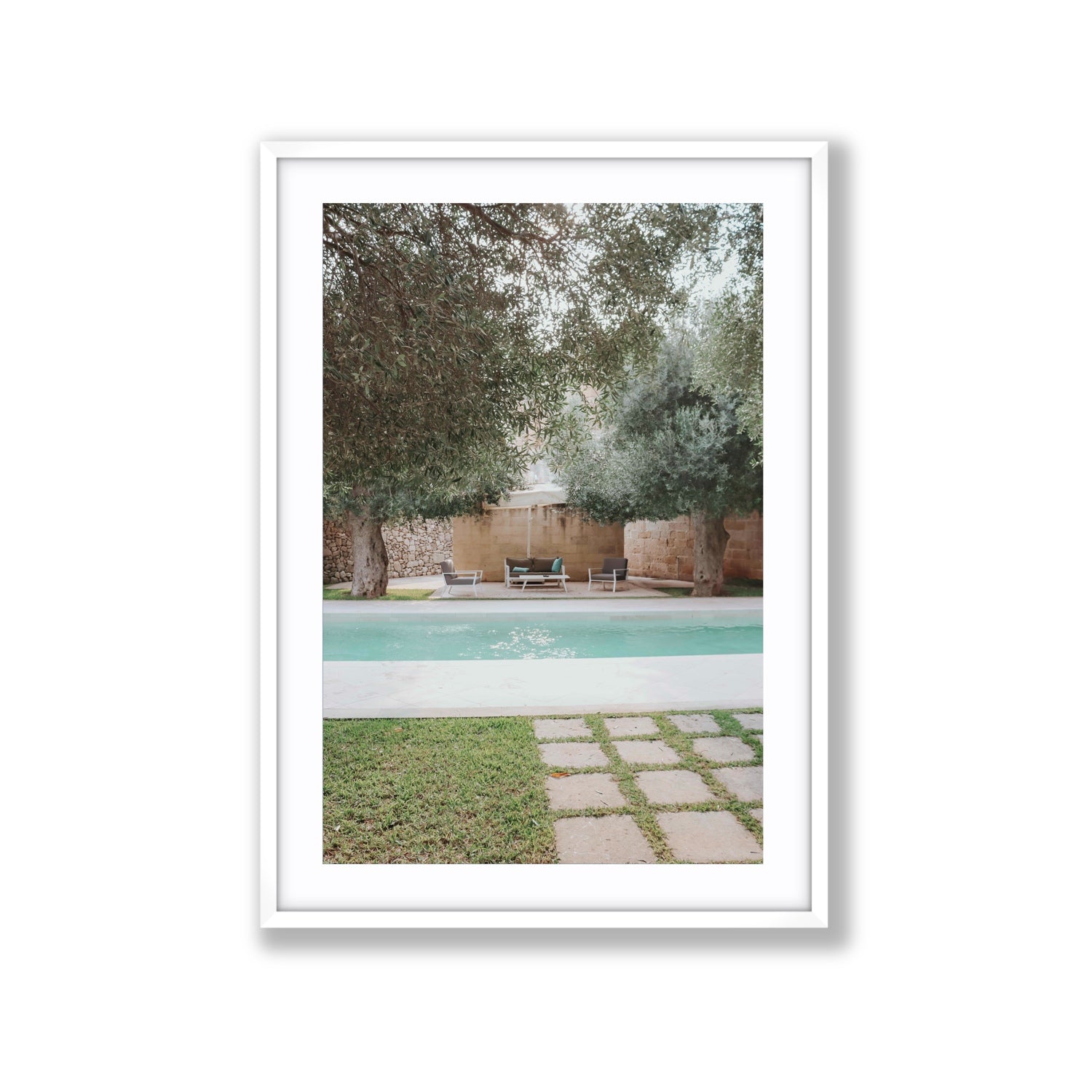 Idyllic Escape Puglia Mediterranean wall art Extra Large fine art print in white frame with matboard