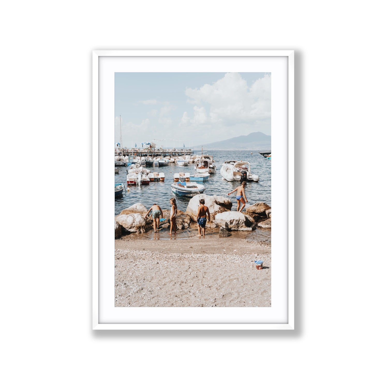 Searching For Treasures Sorrento coastal wall art Extra Large fine art print in white frame with matboard