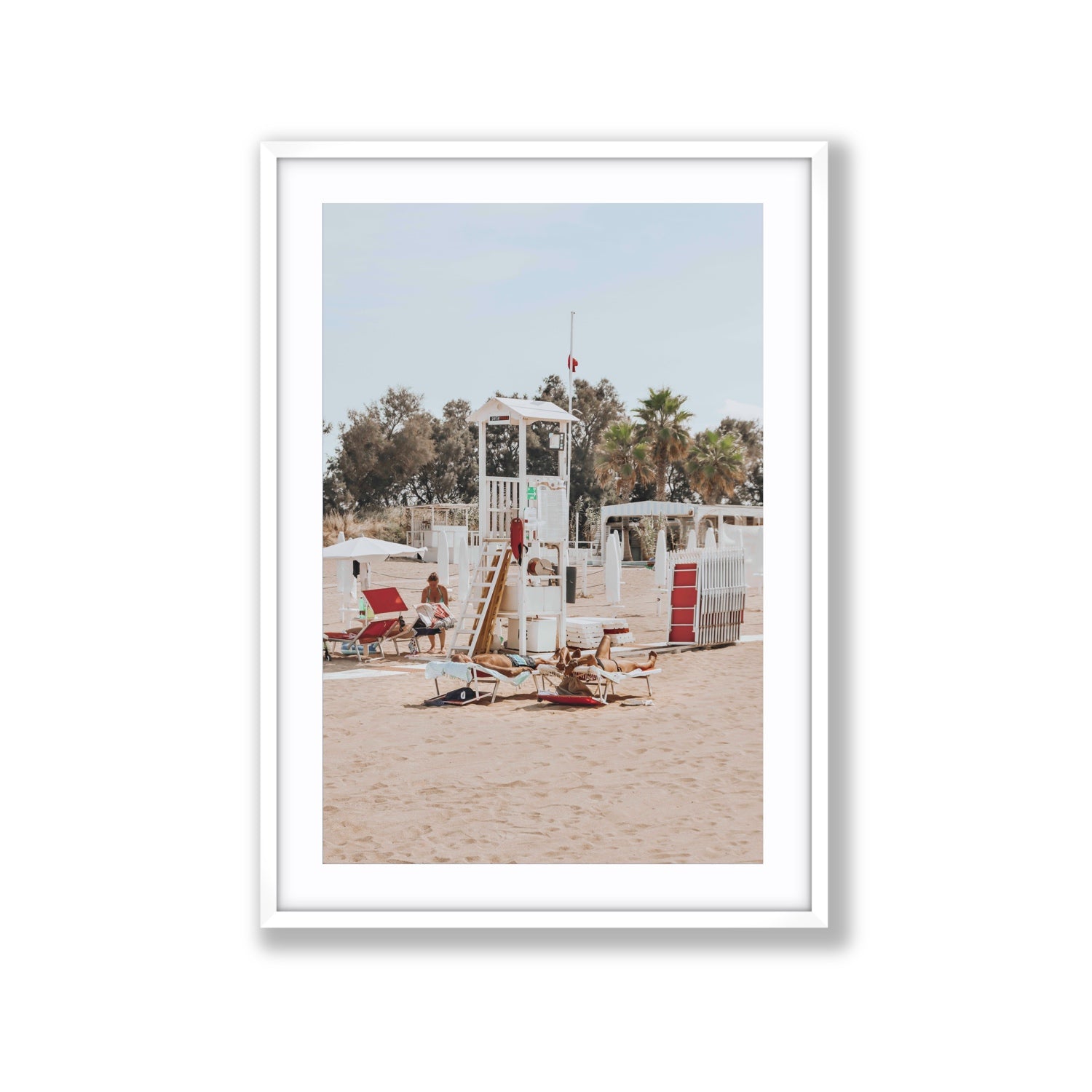 Red Lounge Reverie Puglia beach coastal wall art Extra Large fine art print in white frame with matboard