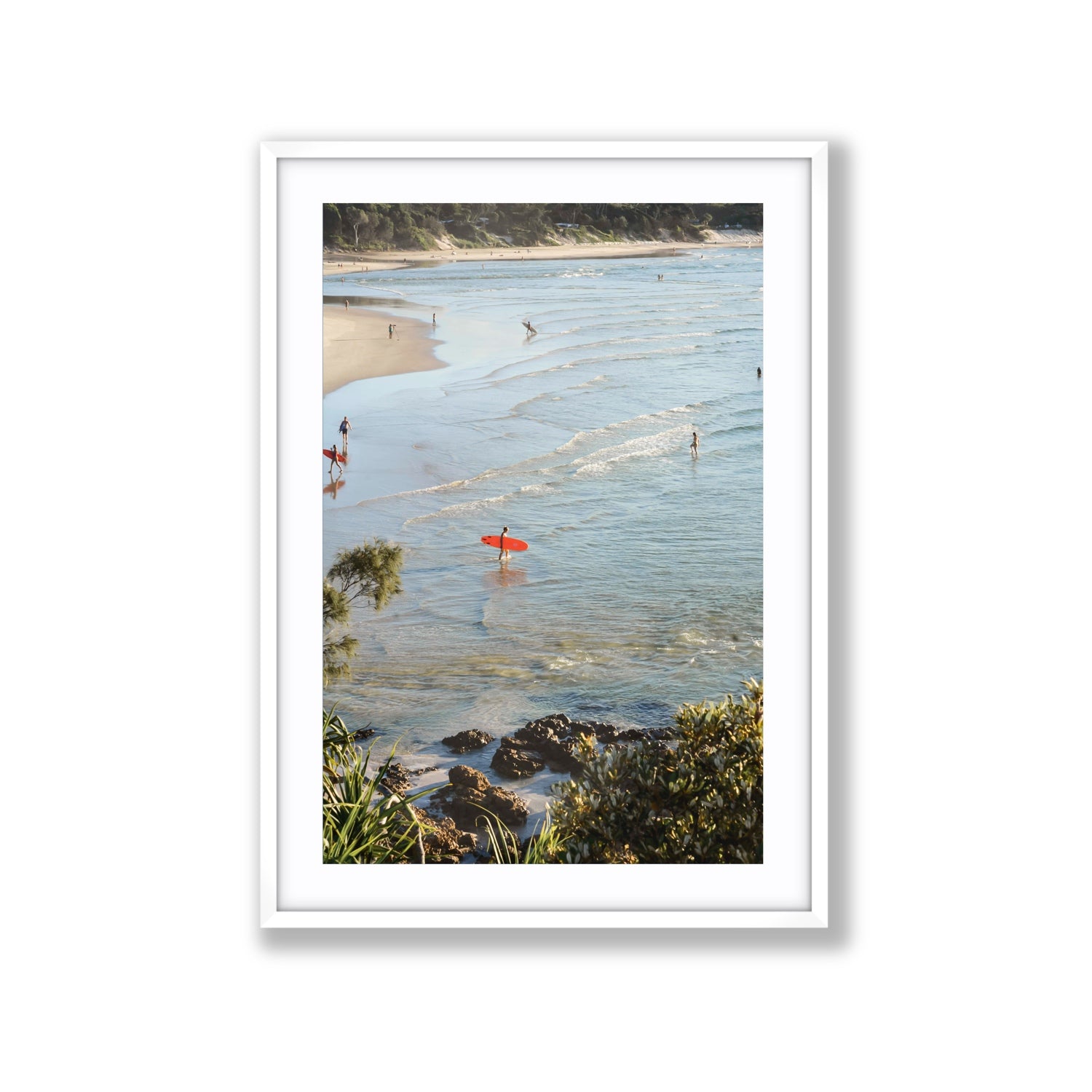 Seclusion Byron Bay Surf coastal wall art Extra Large fine art print in white frame with matboard