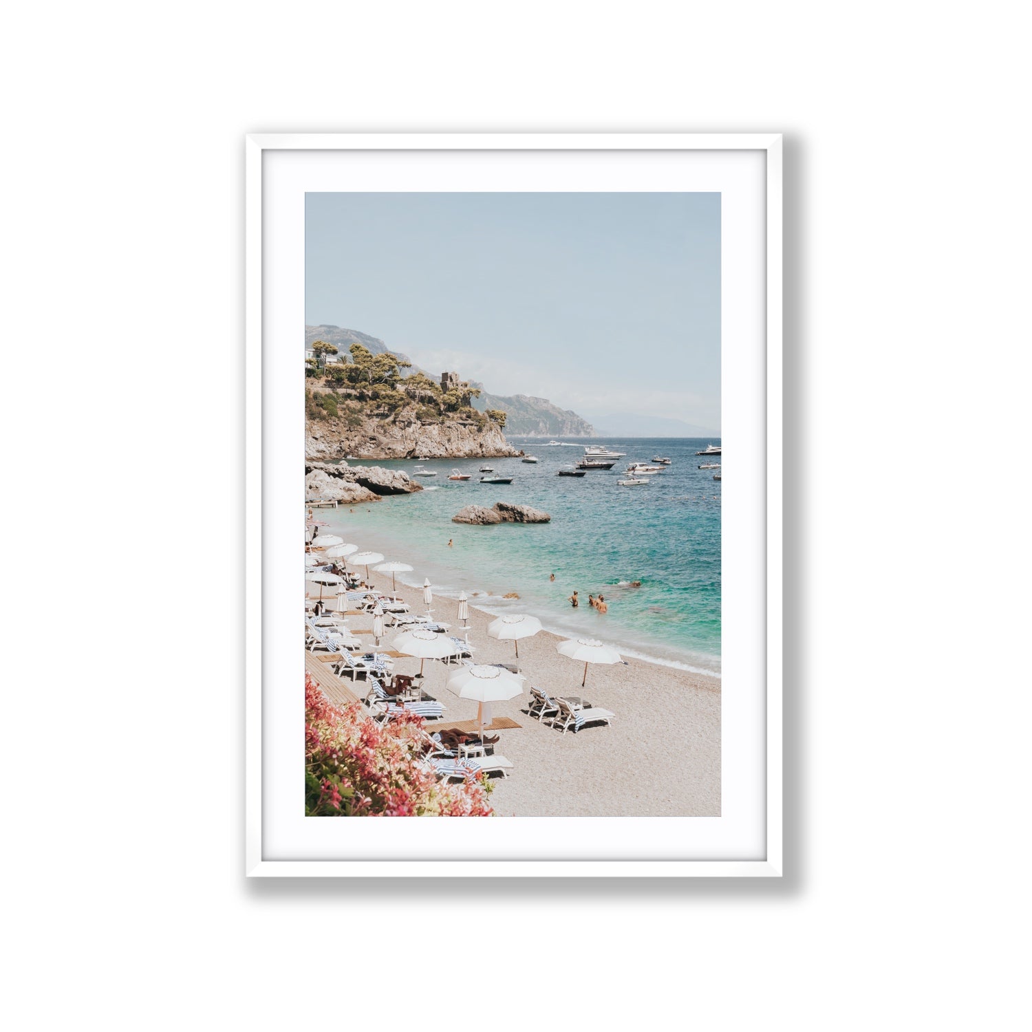 Seaview Refuge Amalfi coastal wall art extra large fine art print in white frame with matboard