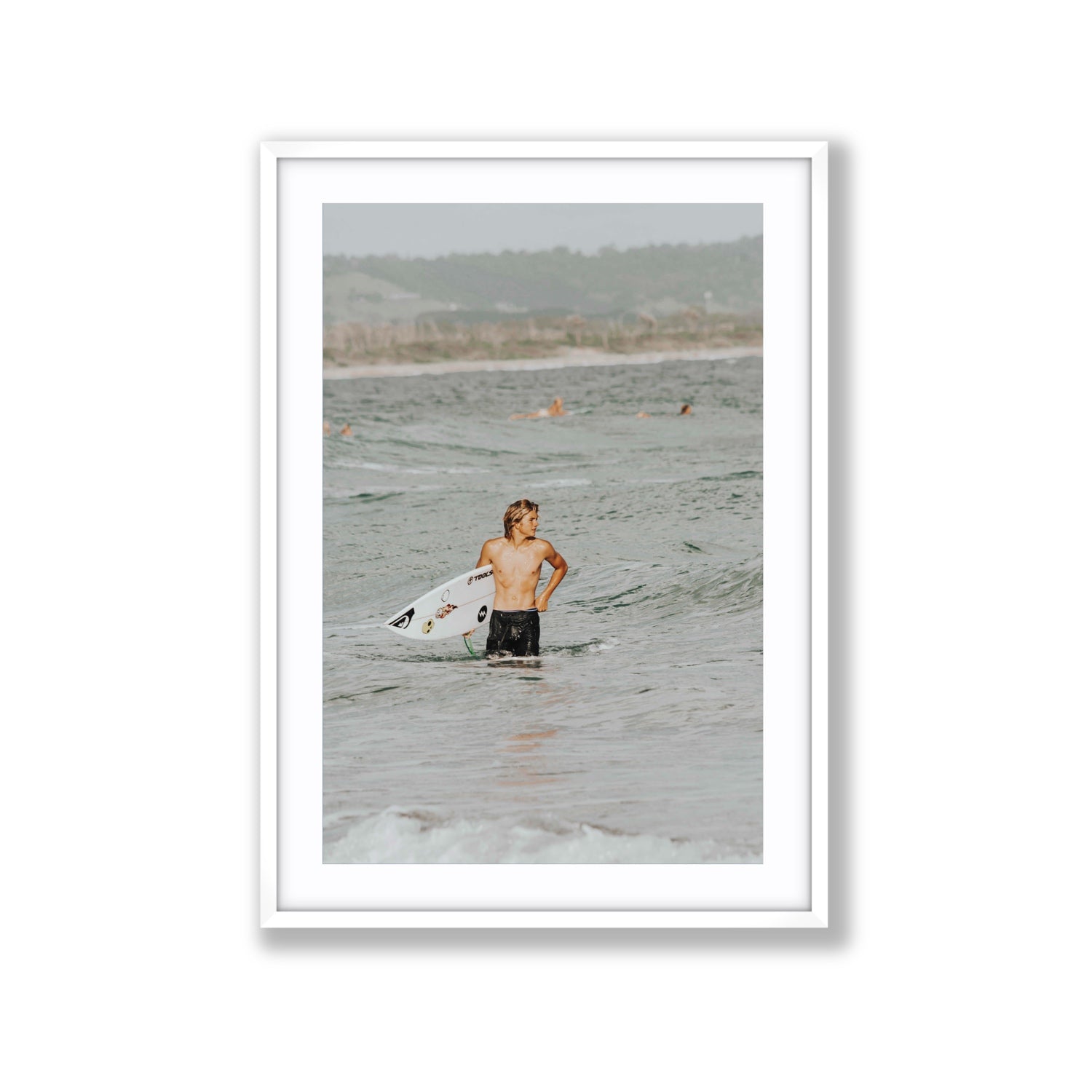 Chasing Mavericks Byron Bay Surf coastal wall art Extra Large fine art print in white frame with matboard