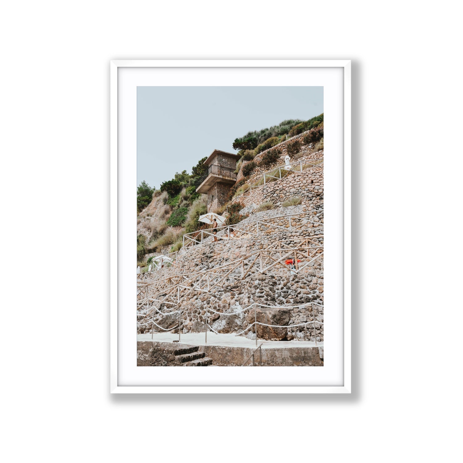 Solitude by the Sea Tuscany coastal Italian wall art Extra Large fine art print in white frame with matboard