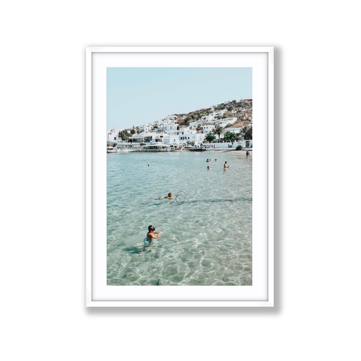 Beside The Seaside Mykonos beach Greek island wall art Extra Large fine art print in white frame with matboard