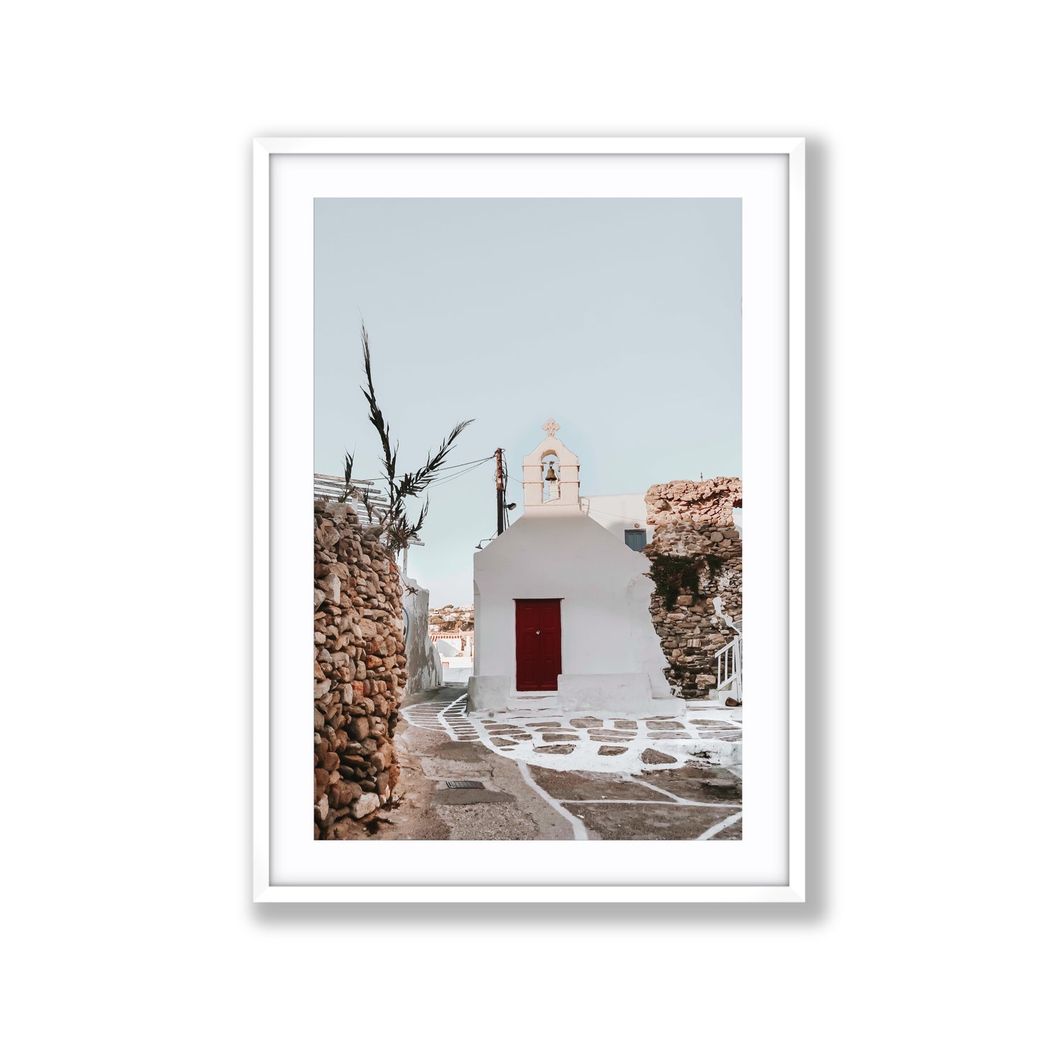 Little Chapel Mykonos Greek island wall art Extra Large fine art print in white frame with matboard