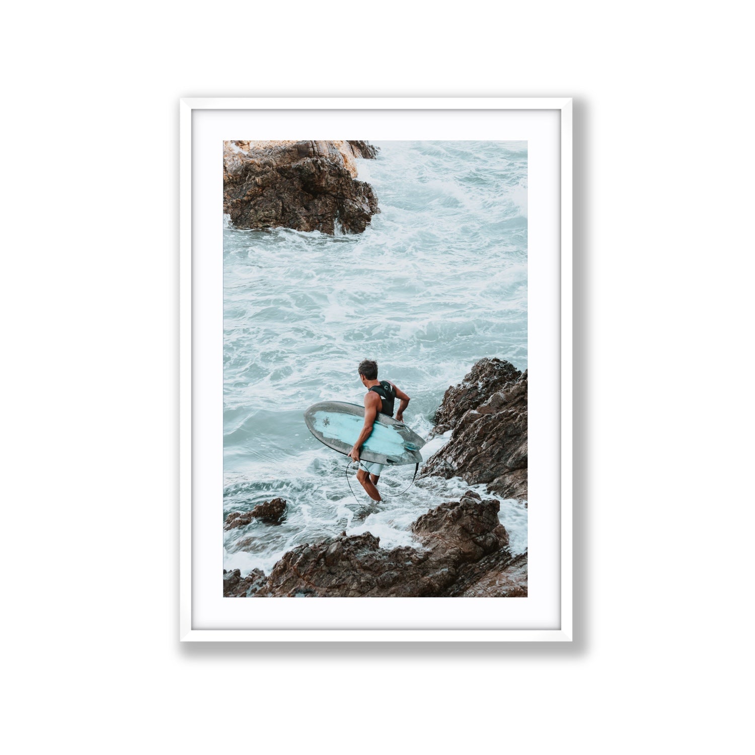 Into The Soup Byron Bay Surf coastal wall art Extra Large fine art print in white frame with matboard
