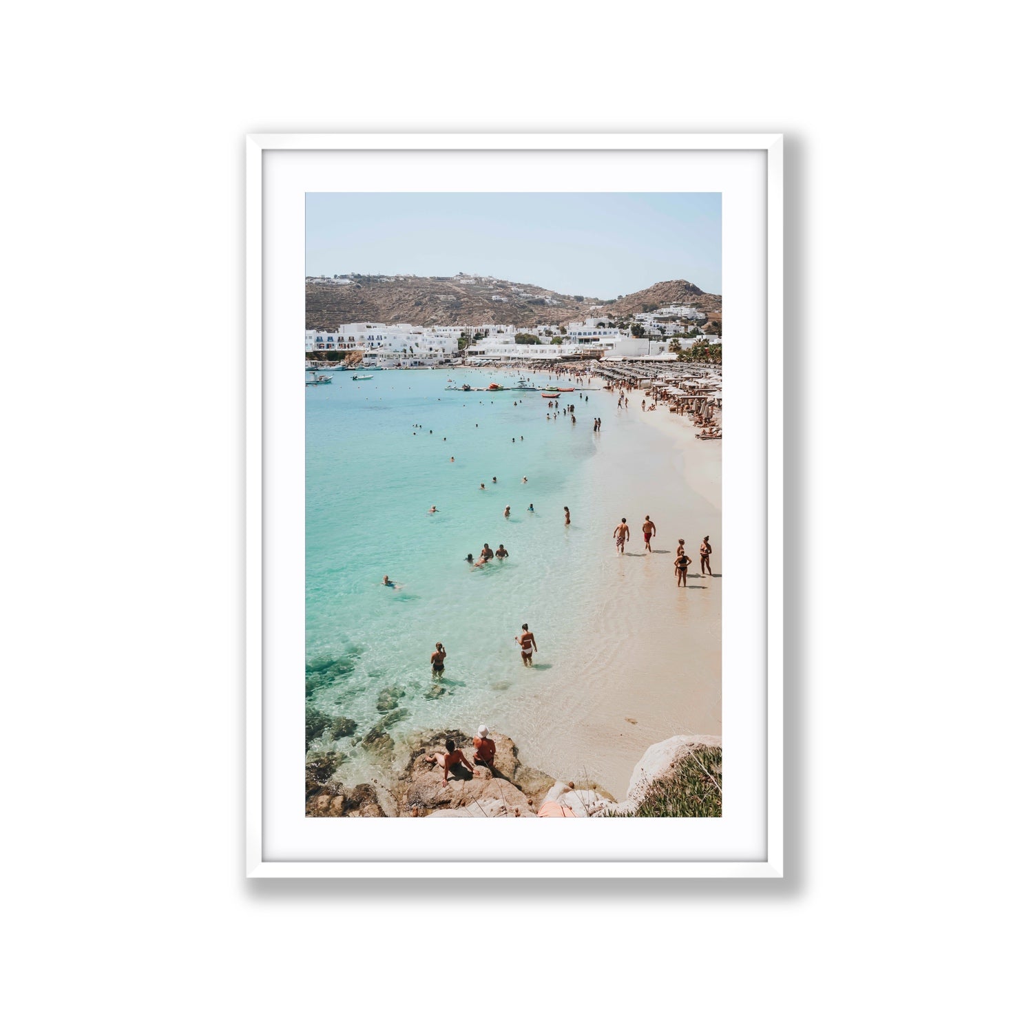 Breathe In The Salty Air Mykonos Greek island wall art Extra Large fine art print in white frame with matboard