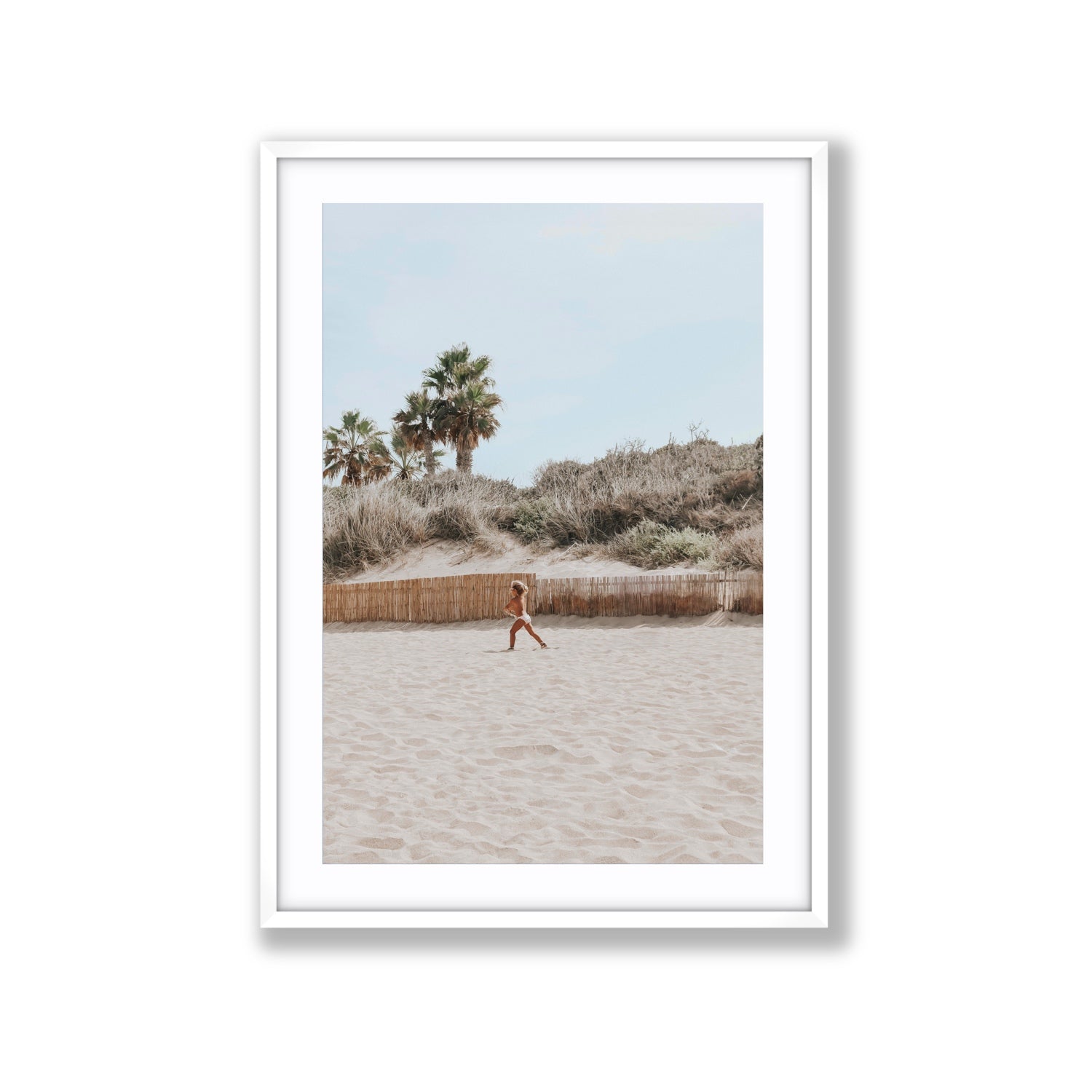 Joyful Sprint Puglia beach coastal fine art print Extra Large fine art print in white frame with matboard