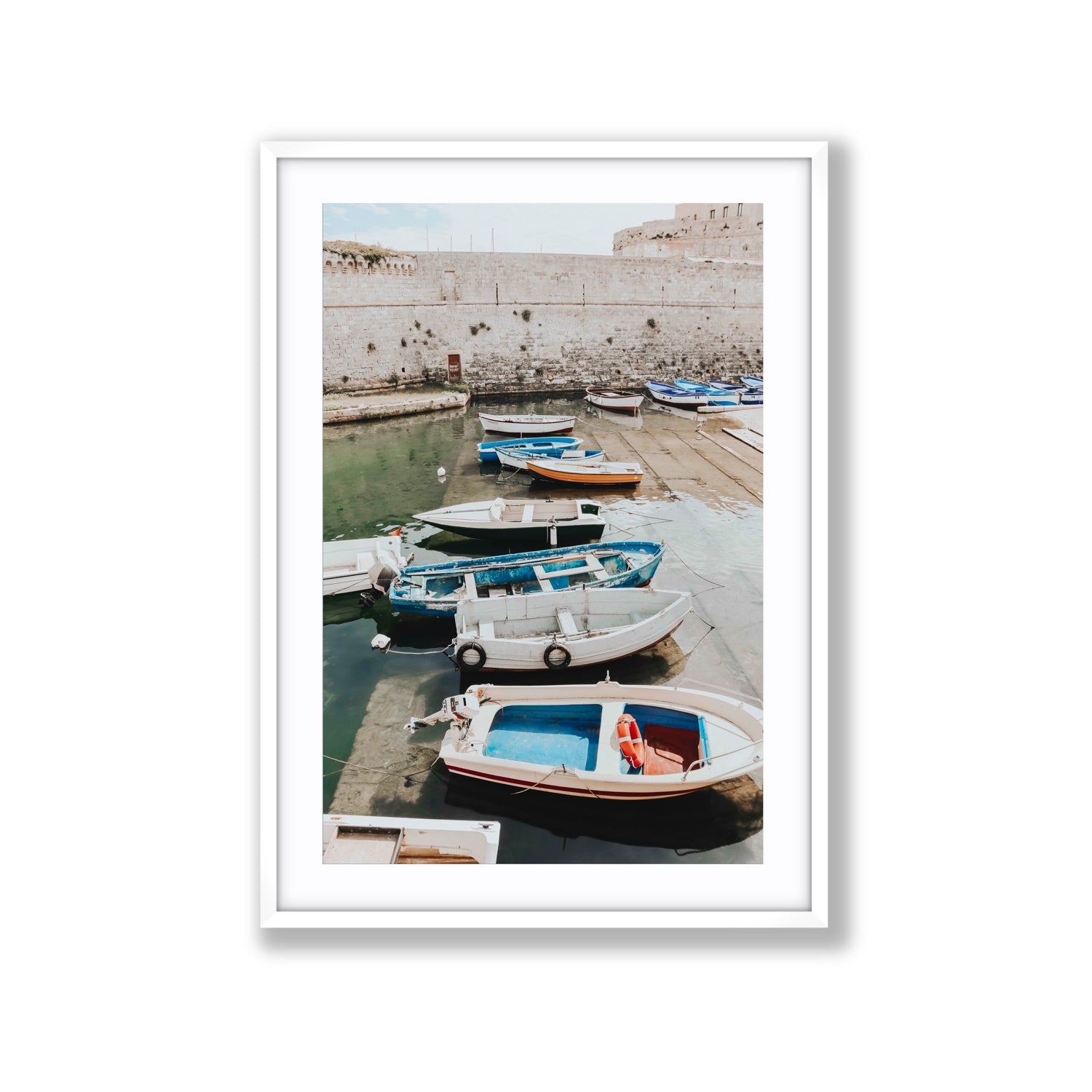 Harbour Palette Puglia coastal photography wall art Extra Large fine art print in white frame with matboard