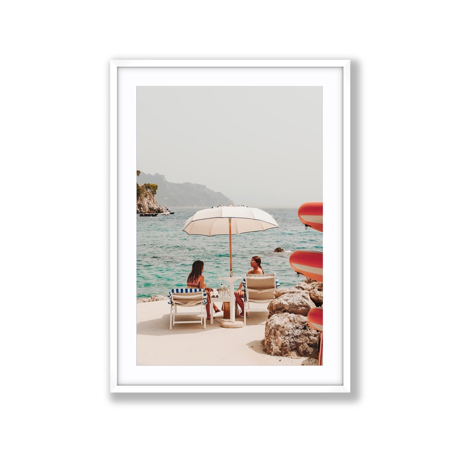 Salty Banter Amalfi Mediterranean wall art Extra Large fine art print in white frame with matboard