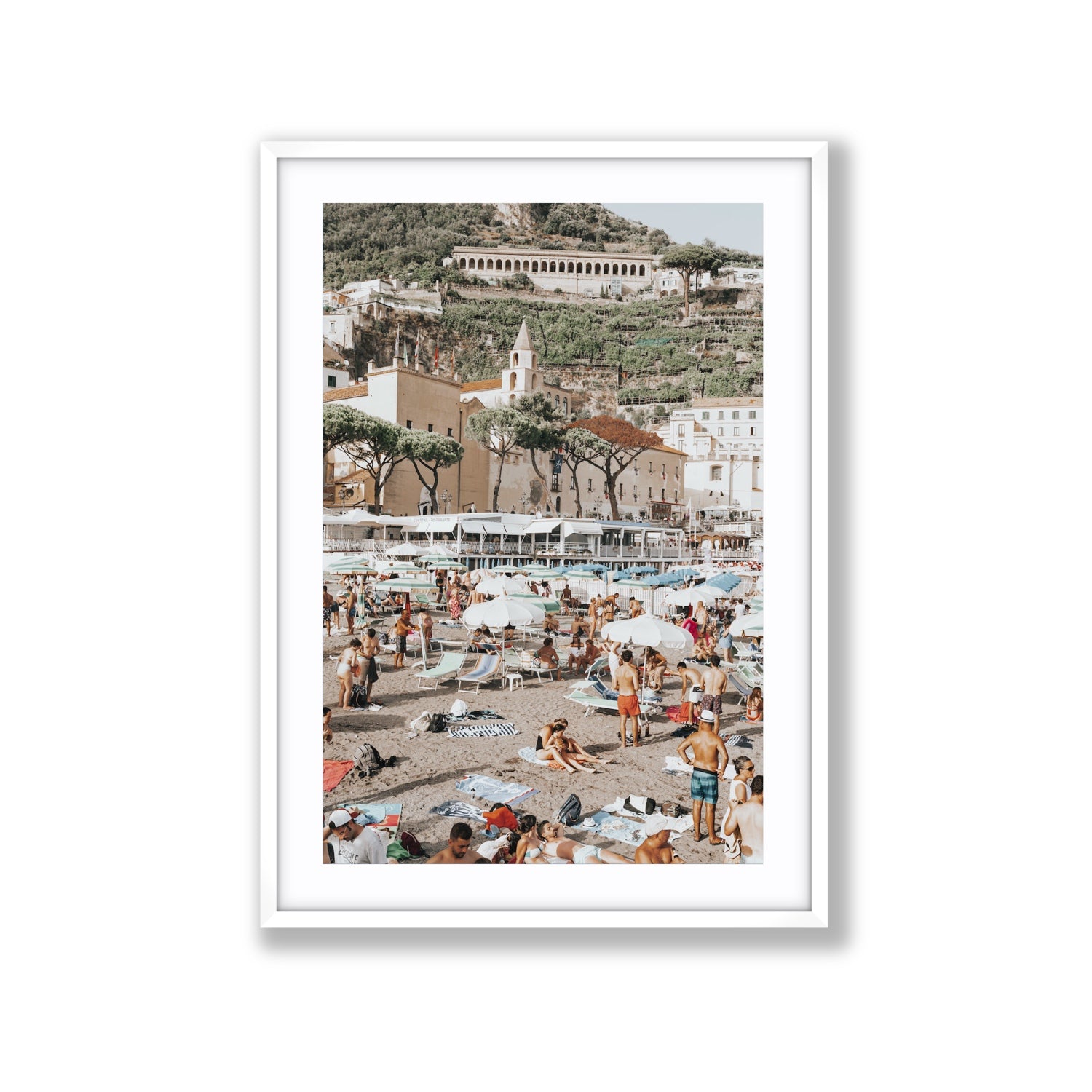 Festa In Spiaggia Amalfi coastal wall art Extra Large fine art print in white frame with matboard