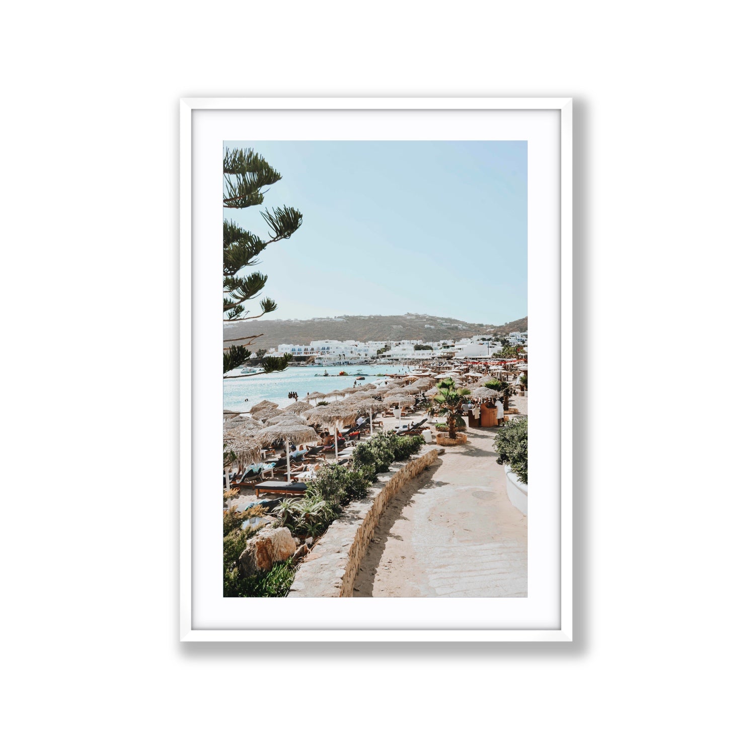 All Roads Lead To The Beach Mykonos Greek island wall art Extra Large fine art print in white frame with matboard