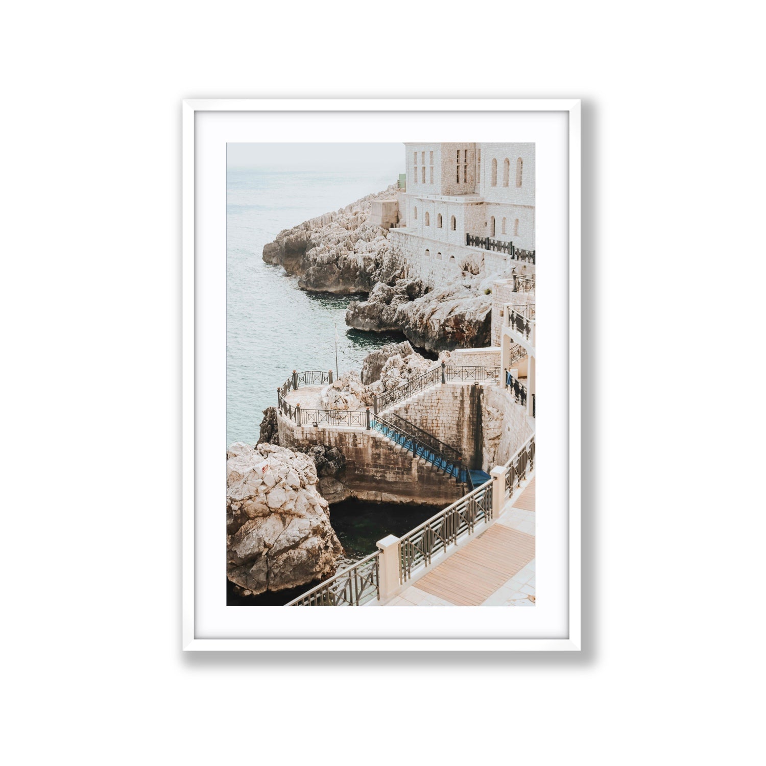 Wellness Centre Puglia coastal wall art Extra Large fine art print in white frame with matboard