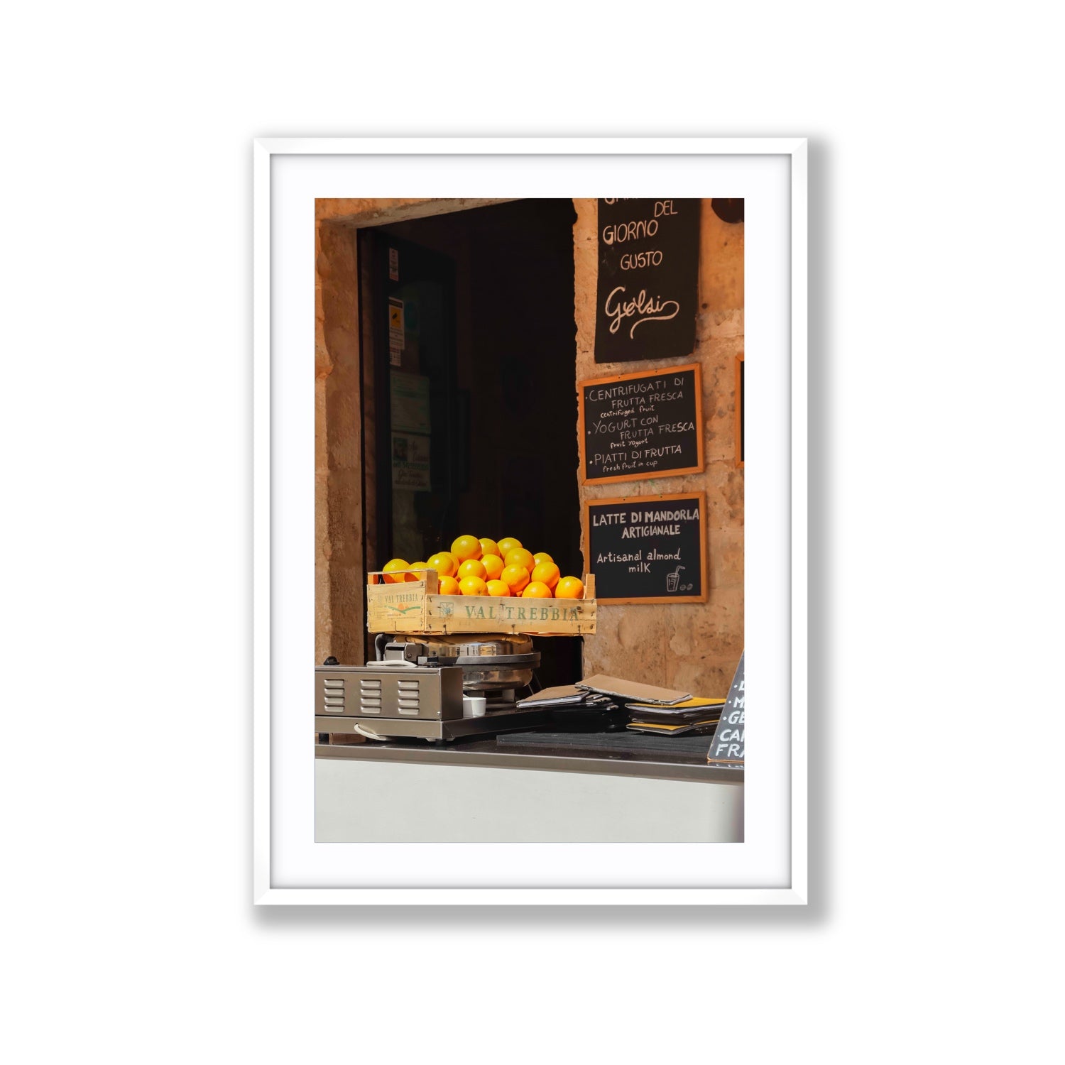 Luminous Citrus Puglia Ostuni Italian wall art Extra Large fine art print in white frame with matboard